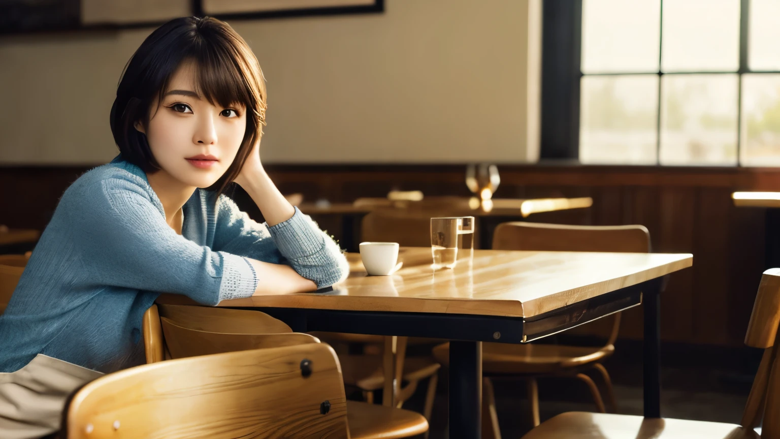 ((table top,highest quality)), (photo-realistic:1.4),((table top,8k)),High resolution,soft light in the studio, rim light, vivid details, realistic skin texture,Japanese, 1 beautiful woman, short hair, faintly thin bangs, compensate, fine skin, cardigan, wide pants, Stylish café interior, full body photo, looking at the viewer