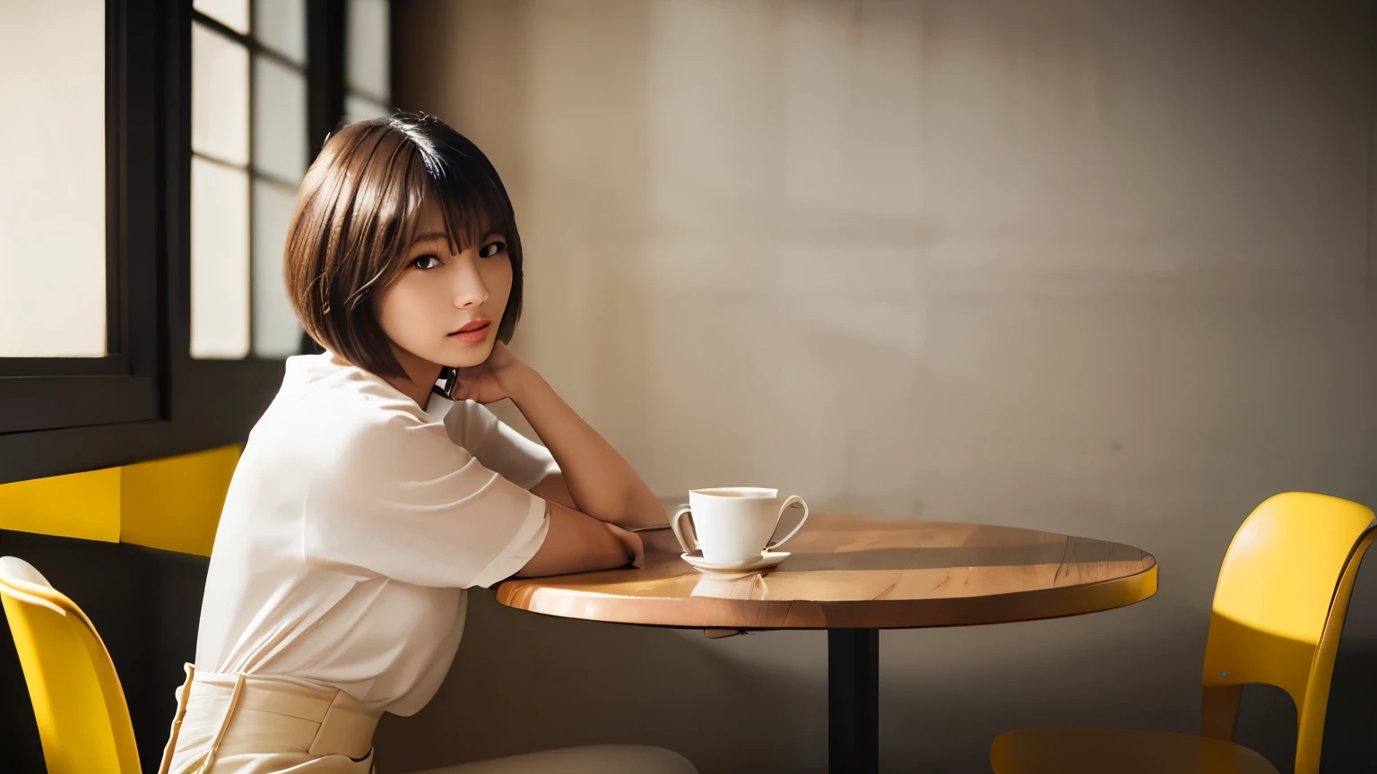 ((table top,highest quality)), (photo-realistic:1.4),((table top,8k)),High resolution,soft light in the studio, rim light, vivid details, realistic skin texture,Japanese, 1 beautiful woman, short hair, faintly thin bangs, compensate, fine skin, wide pants, Stylish café interior, full body photo, looking at the viewer