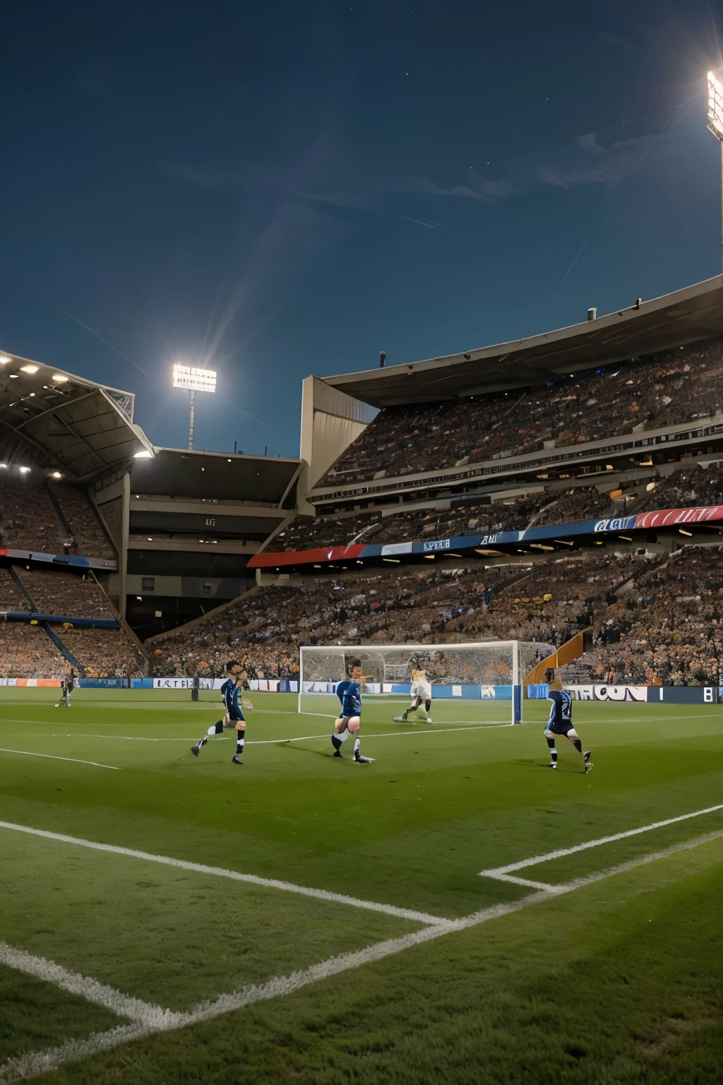 The scene takes place in a renowned football stadium filled with excited fans.. En el centro del campo, you find yourself, wearing a soccer uniform, with a look of determination on your face as you prepare to play.
A tu lado derecho, Lionel Messi finds himself with the ball at his feet, displaying his trademark exceptional control and dribbling ability, mientras que Cristiano Ronaldo, a tu izquierda, He stands out for his speed and physical power, listo para recibir un pase o lanzarse al ataque.
Behind you, Neymar Jr. is strategically positioned, listo para ofrecerte apoyo y generar opciones de juego, mientras que en otras partes del campo se encuentran otros grandes jugadores como Mohamed Salah, Robert Lewandowski, Kevin De Bruyne, y Kylian Mbappé, each showing their own unique skill and play style.
The stadium is full to the brim, con aficionados emocionados que ondean banderas y corean los nombres de sus jugadores favoritos. Shouts of encouragement and the sound of drums create an electric and energetic atmosphere in the stadium.
The sky over the stadium is clear, con el sol brillando intensamente, iluminando el campo y resaltando la belleza del juego.
En resumen, This image captures the excitement and greatness of football, showing you as part of a dream team alongside some of the best players in the world, in an exciting and action-packed moment on the playing field.