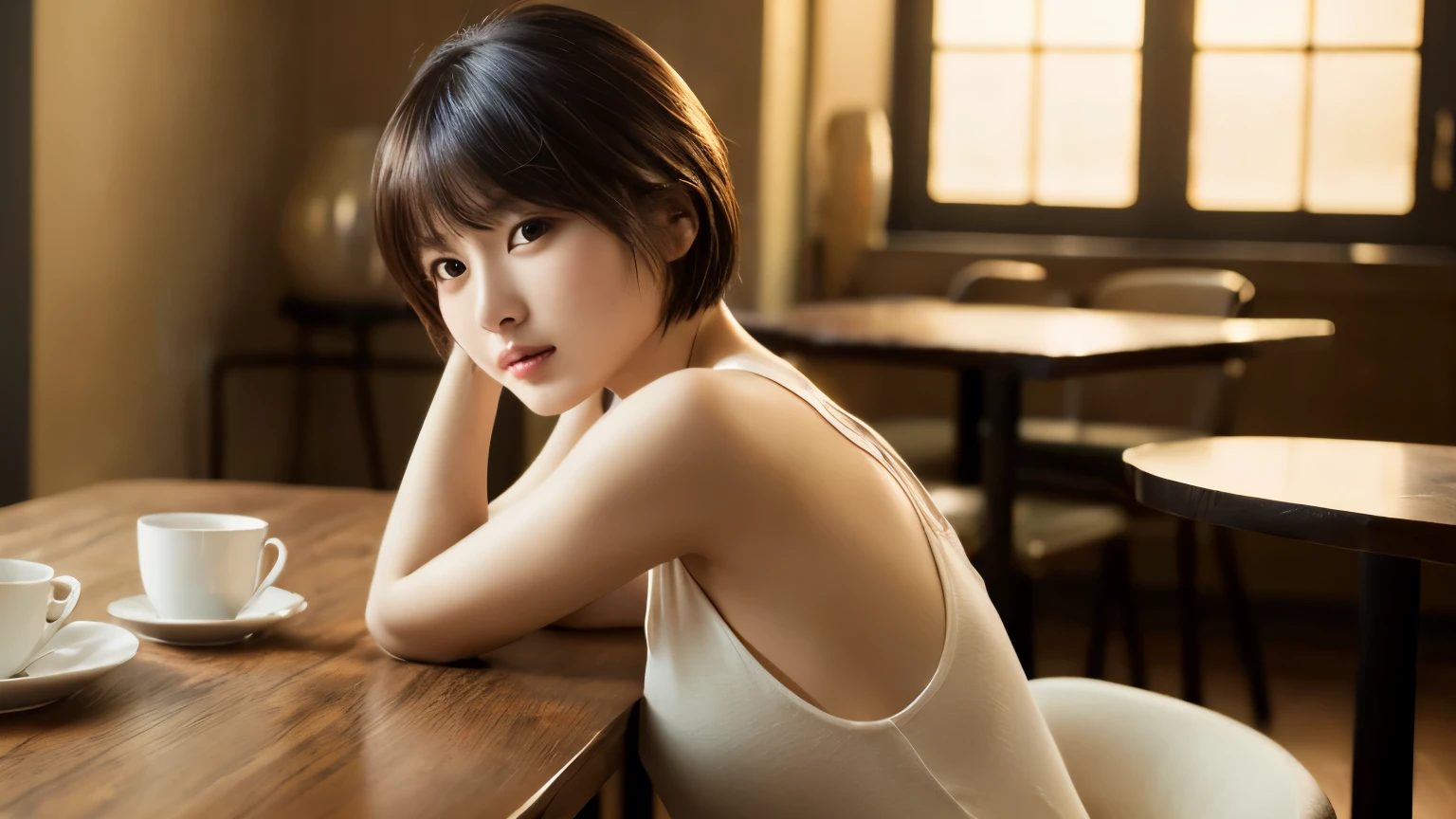 ((table top,highest quality)), (photo-realistic:1.4),((table top,8k)),High resolution,soft light in the studio, rim light, vivid details, realistic skin texture,Japanese, 1 beautiful woman, short hair, faintly thin bangs, compensate, fine skin, Inside the cafe, full body photo, looking at the viewer