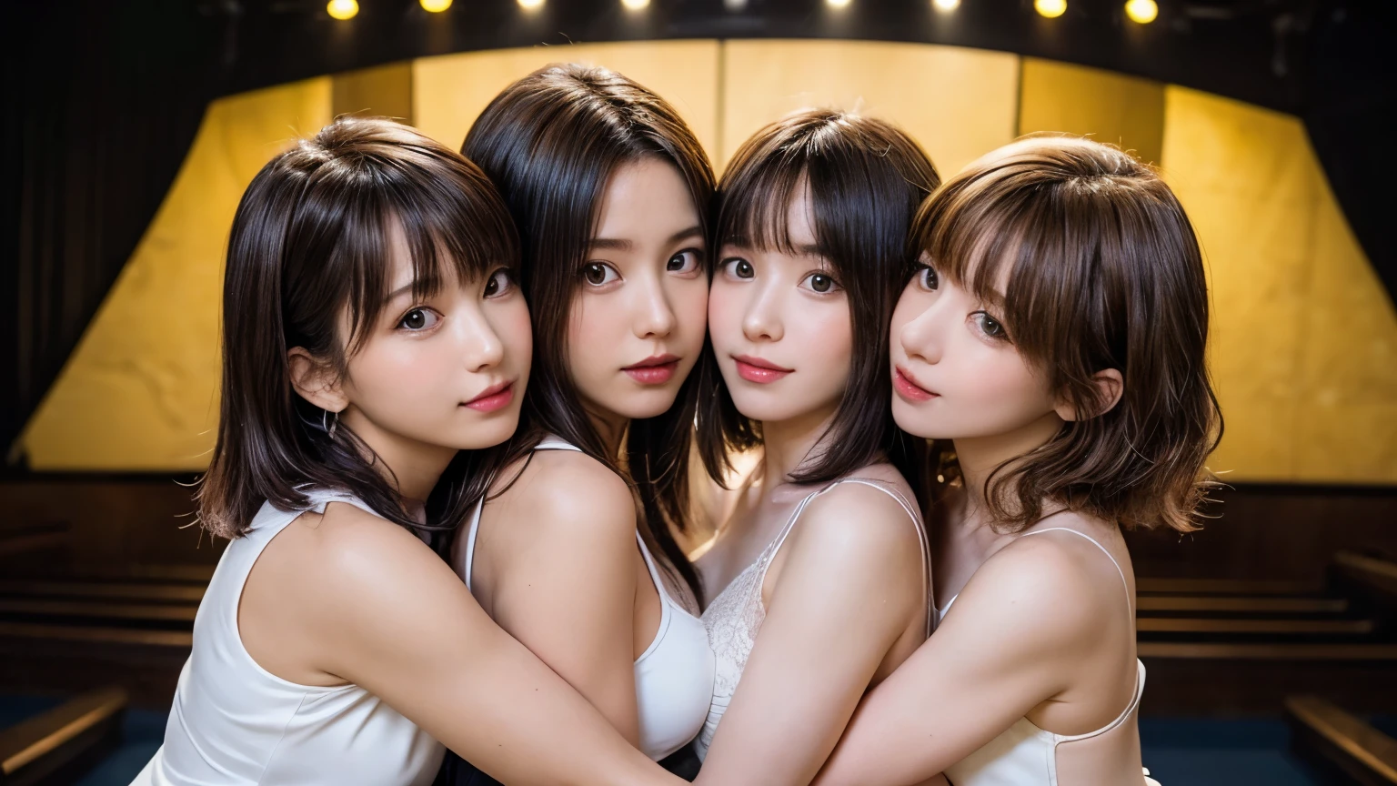 ((masterpiece)), ((highest quality)), (Super detailed), ((very detailed)), 4k, (8k), highest quality, (beautiful), shape, anime style, genuineistic, genuine, dynamic angle, ((whole body)), thick outline, clear outline, Live venue, ((three girls, Three cute girls)), Idol, young entertainer, beautiful light brown hair, beautiful brown eyes, ((beautiful eyes)), short hair, big breasts, light smile, ((like, hug, kiss)), shiny, shine