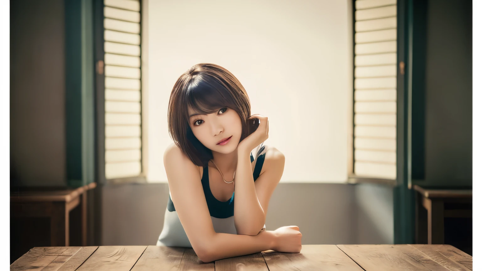((table top,highest quality)), (photo-realistic:1.4),((table top,8k)),High resolution,soft light in the studio, rim light, vivid details, realistic skin texture,Japanese, 1 beautiful woman, short hair, faintly thin bangs, compensate, fine skin, Inside the cafe, full body photo, looking at the viewer