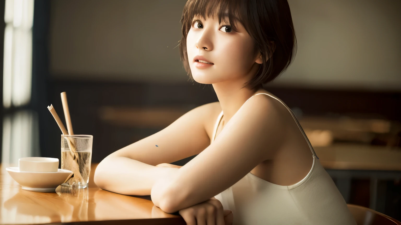((table top,highest quality)), (photo-realistic:1.4),((table top,8k)),High resolution,soft light in the studio, rim light, vivid details, realistic skin texture,Japanese, 1 beautiful woman, short hair, faintly thin bangs, compensate, fine skin, Inside the cafe, full body photo, looking at the viewer