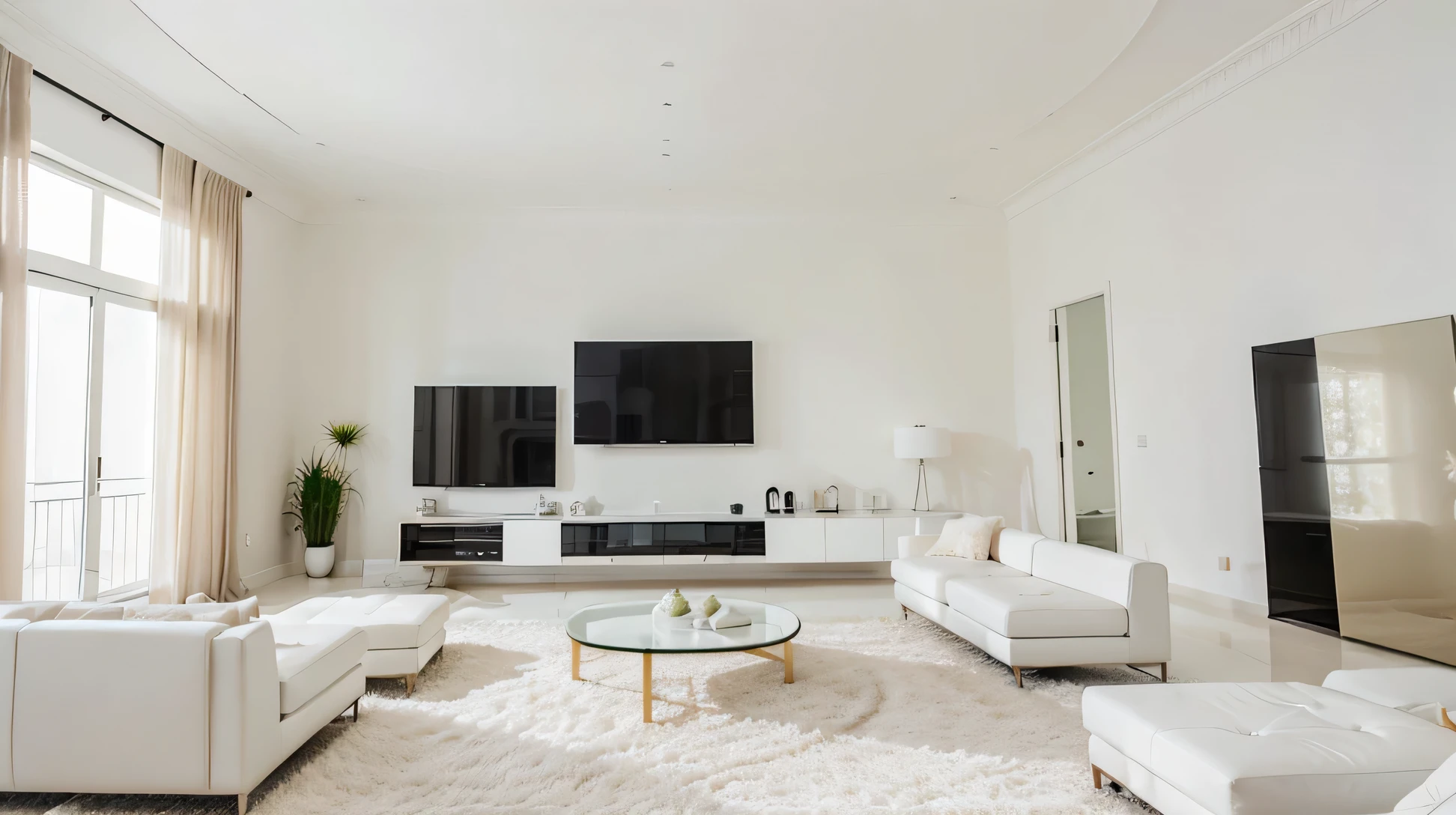 Imagine um moderno, Sala de estar topo de gama, that appears from the angle of the white ceiling and looks down, clean environment with white tone and black furniture, janelas grandes e luz do sol