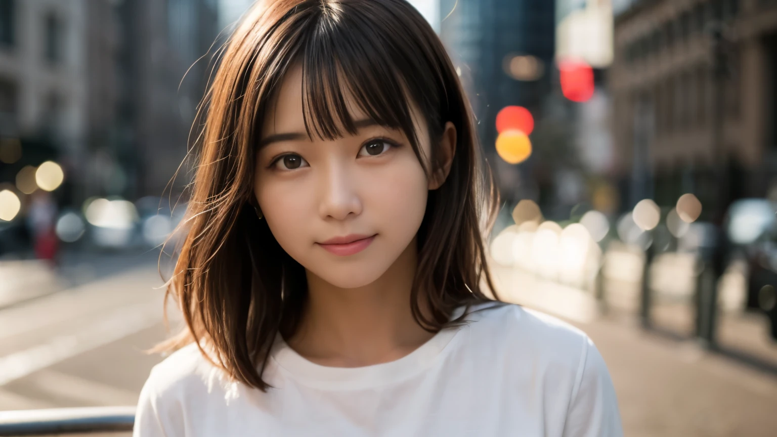 masterpiece, best quality, 8k, disorganized person, (Upper body:1.4), white shirt, beautiful girl, pretty face, looking at the viewer, smile, super realistic, high resolution, picture, sharp focus, HDR, face light, dynamic lighting, movie lighting, professional shadow, beautiful cityscape background, best details, very detailed, Super detailed, finely, real skin, delicate facial features, detailed face and eyes, sharp pupils、real students