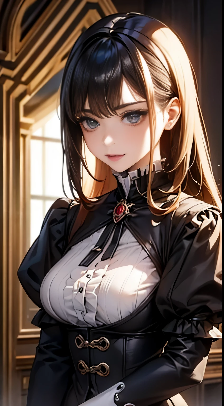 cybernetic female vampire,female vampire robot butler, metal mechanical face，mechanical joint，Female robot wearing a housekeeper&#39;s uniform,female robot housekeeper、Responsible for various household chores and handling of the fireplace.，sofa，victorian style, steampunk,