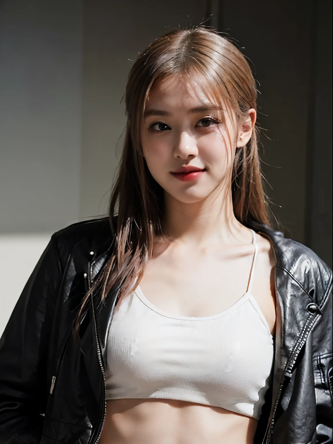 (8k、RAW Photos、top-quality、​masterpiece:1.2)、(realistic Photo-realsitic:1.37)、1girl in、japanese, 18-years old, (slightly chubby), face lights, Detailed face, slightly cunning smile, (white sexy cropped top with a black faux leather jacket over a top:1.3), (open jacket to show nice armpit), black shiny jacket,