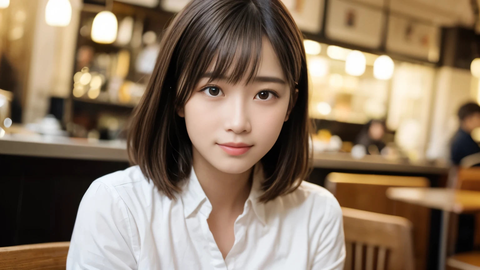 masterpiece, best quality, 8k, disorganized person, (Upper body:1.4), white shirt, beautiful girl, pretty face, looking at the viewer, smile, super realistic, high resolution, picture, sharp focus, HDR, face light, dynamic lighting, movie lighting, professional shadow, beautiful cafe background, best details, very detailed, Super detailed, finely, real skin, delicate facial features, detailed face and eyes, sharp pupils、real students