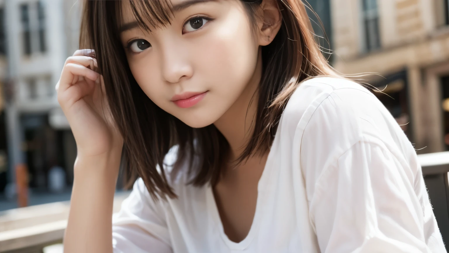 masterpiece, best quality, 8k, disorganized person, (Upper body:1.4), white shirt, beautiful girl, pretty face, looking at the viewer, smile, super realistic, high resolution, picture, sharp focus, HDR, face light, dynamic lighting, movie lighting, professional shadow, beautiful cafe background, best details, very detailed, Super detailed, finely, real skin, delicate facial features, detailed face and eyes, sharp pupils、real students