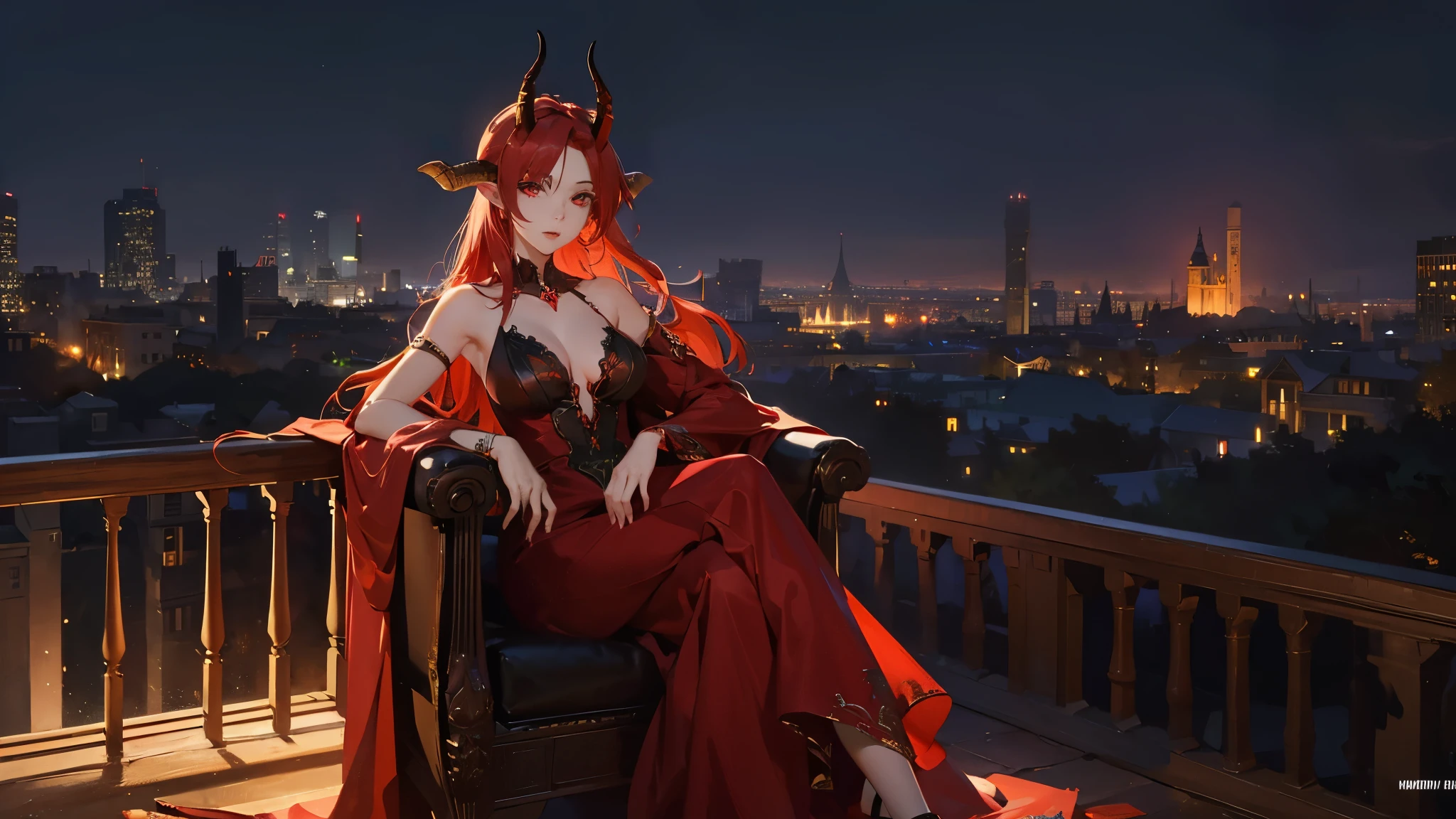 Create a mesmerizing digital painting depicting the serene beauty of an apocalypse city building scene. Red blood everywhere. In the center of the scene, portray a young beautiful woman sitting on a throne, ((perfect figure)), with flowing red hair, ((she has horns on her head)), ((red eye)), wearing a sexy red and black dress. Capture her graceful presence as she interacts with the natural elements around her, infusing the city with an aura of tranquility and magic. It is night time.
