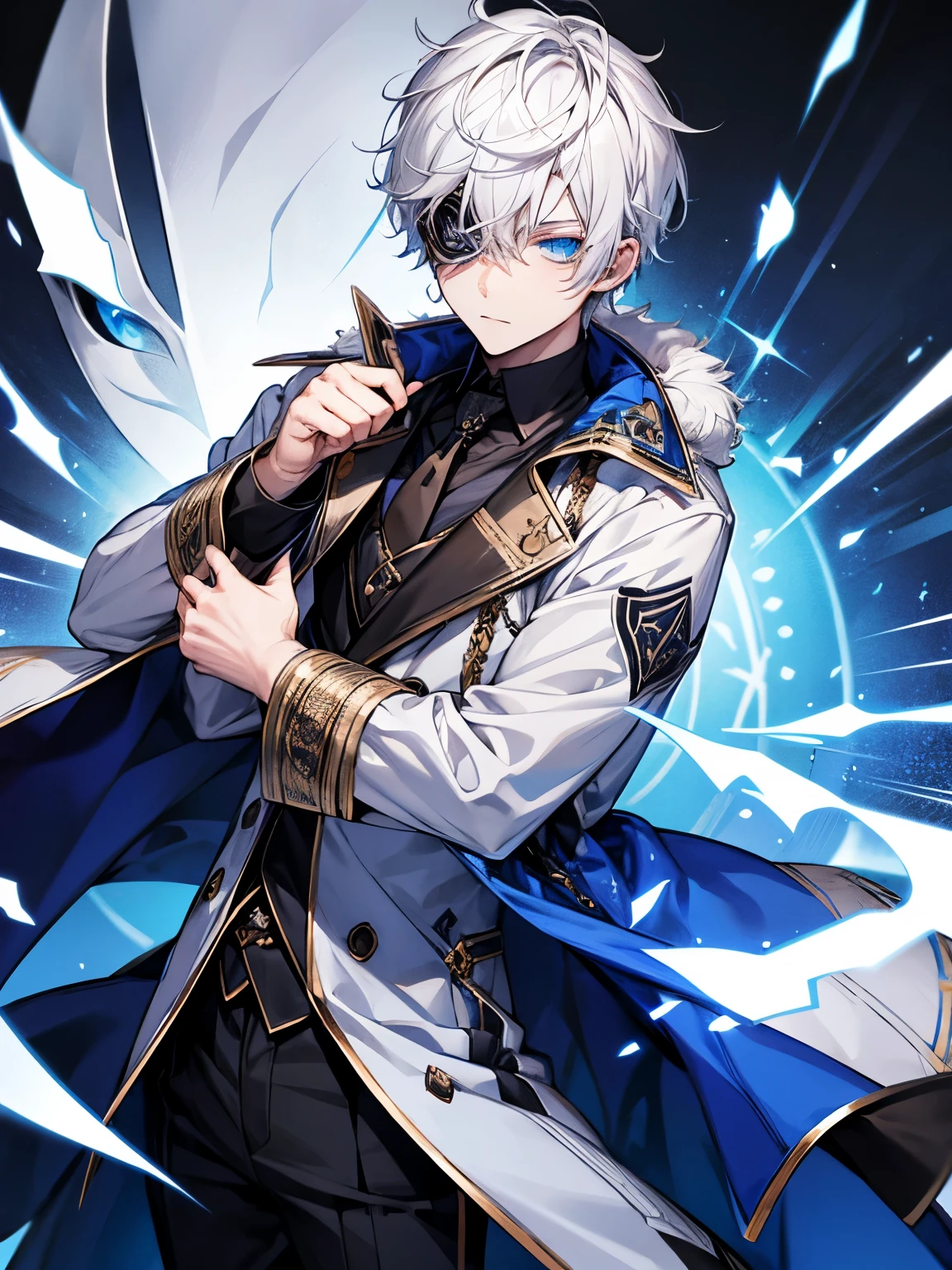 White hair, blue eyes, mysterious, cool, male short hair, coat, teenager, one eyed masquerade mask