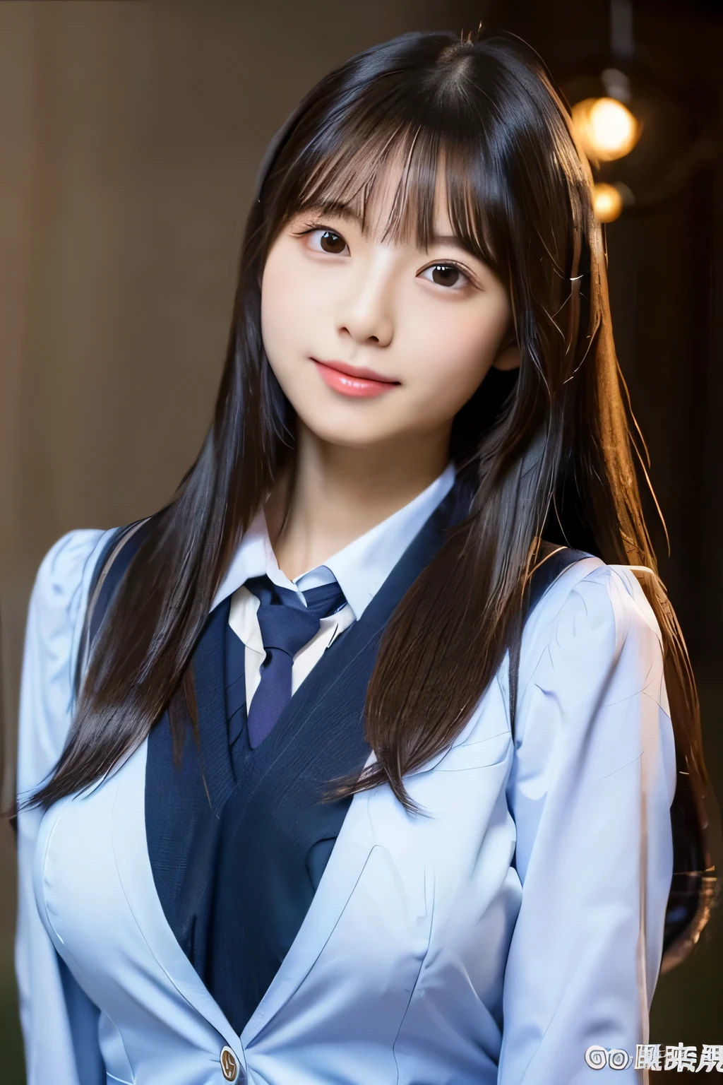 (big breasts:1.3), straight hair, black hair, 1 girl, beautiful, cute, professional lighting, highest quality, well-groomed face, beautiful,School,beautiful woman, (School制服:1.5), beautiful, (clear:1.3)