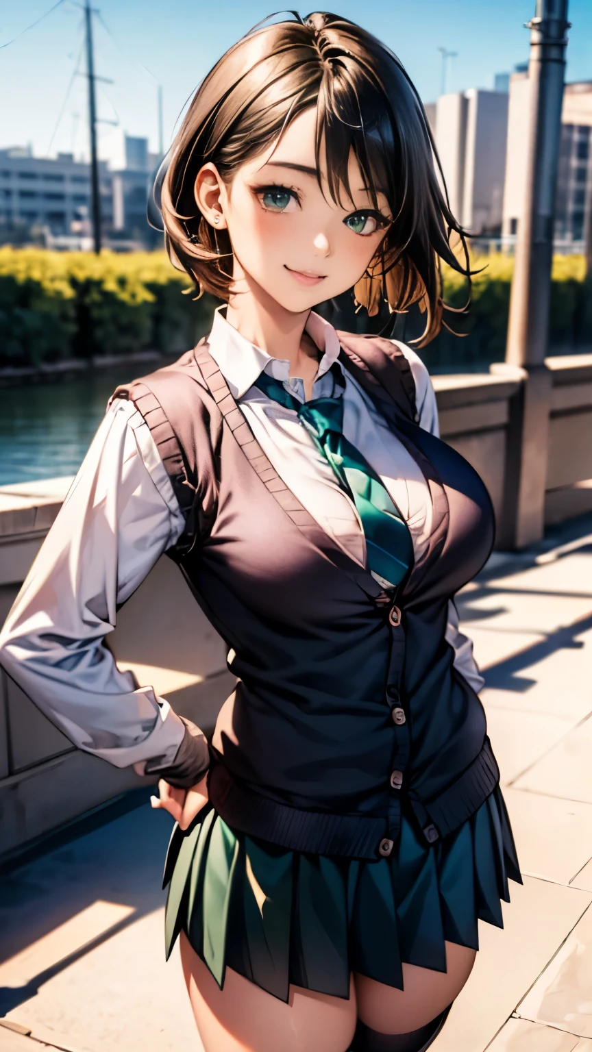 (masterpiece:1.2, highest quality), (realistic, photorealistic:1.4), beautiful illustrations, (natural side lighting, movie lighting),
looking at the viewer, cowboy shot, Front view:0.6, 1 girl, Japanese, high school girl, perfect face, Cute symmetrical face, shiny skin,
(ponytail:1.7, straight hair:1.5, side lock, black hair), parted bangs, emerald green eyes, long eyelash, (big breasts:0.9, thick thighs),
beautiful hair, beautiful face, detailed and beautiful eyes, beautiful clavicle, beautiful body, beautiful breasts, beautiful thighs, beautiful feet, beautiful fingers,
((white long sleeve collared shirt, gray pleated mini skirt, navy socks, brown loafers, Dark green tie, black cardigan vest)), pink panties,
(beautiful scenery), evening, riverside, walk, put your hand on your chest, (cute smile, upper eye),