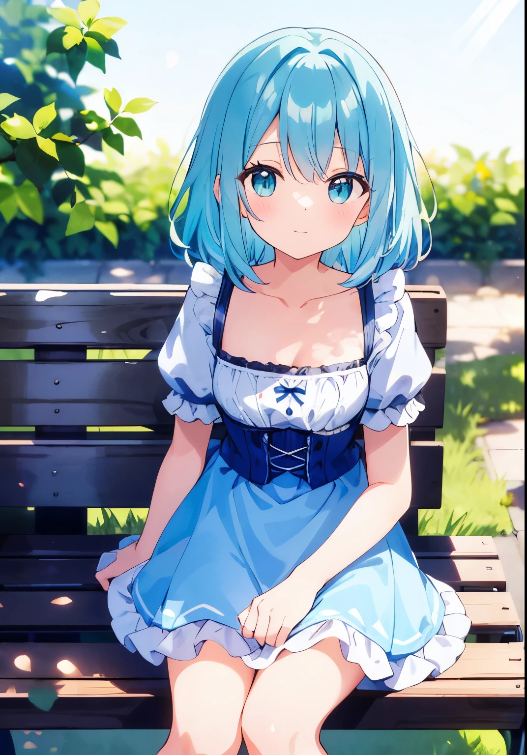 ((s○l○:1.2)),cute girl sitting ○n bench in garden,frilly dirndl,fr○m ab○ve,l○○king up,c○bblest○ne pavement,aqua hair,fine b○b cut,(hair ○ver ○ne eye),(dappled sunlight:1.2),naked