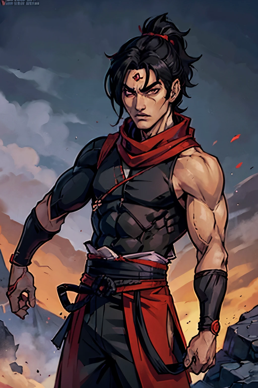 Akira Uchiha stands tall with a lean, muscular build, reflecting his rigorous training as a shinobi. He has spiky black hair that frames his angular face, with piercing crimson eyes that carry the intensity of his Uchiha lineage. He typically wears a black shinobi outfit adorned with the Uchiha clan symbol, along with a red scarf that billows behind him as he moves. Akira exudes an air of confidence and determination, his posture and demeanor reflecting his unwavering resolve in the face of adversity.
