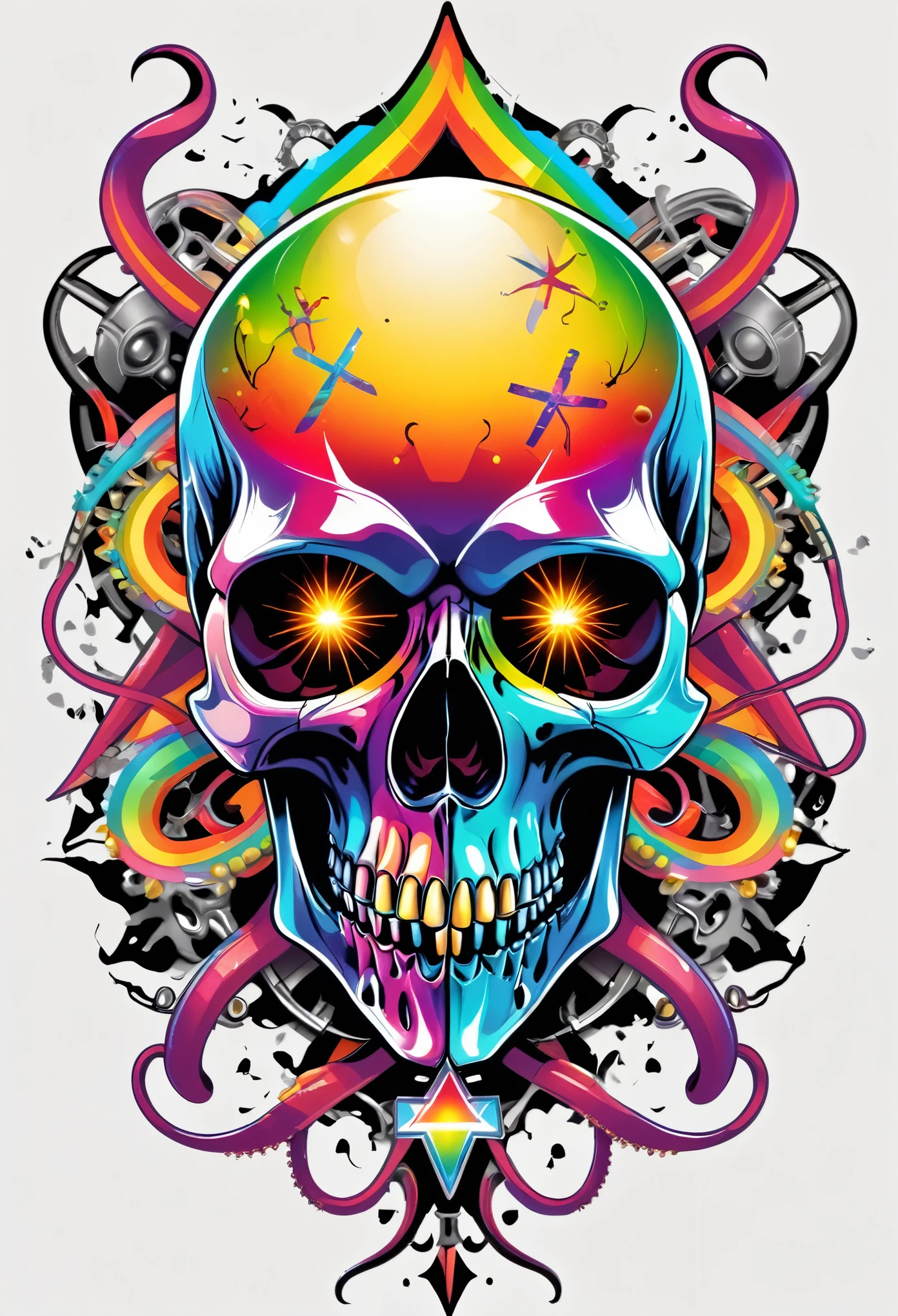 Professional t-shirt design vector, truly impressive, 8k, ultra high definition(((Skull parasitized by octopus))), (metal skull), ((Permanently installed)), ((((face close-up)))), glow cross background，light composition，(rainbow，rainbow围绕头骨)，Full of energy，The circular composition illustrates the effects of various structural forces，alone，Diverse decorative elements，Fantastic character decoration set，