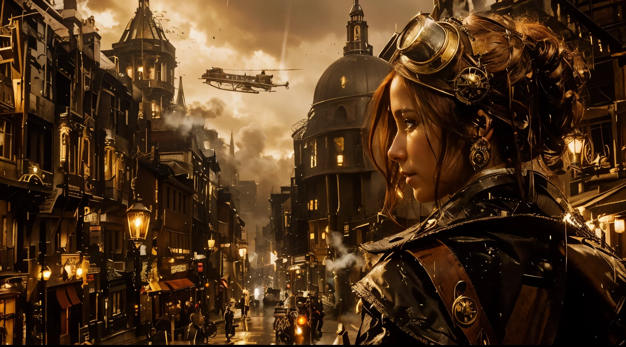 London street in the late 1800s, but with a steampunk twist. Think towering clockwork buildings with smokestacks puffing out steam, gaslight lamps casting an orange glow, and airships gliding silently overhead. Cobblestones slick with rain reflect the gaslight and bustling activity. Character: A beautiful woman with an air of confidence and purpose. Describe her distinct features and steampunk attire. Here are some options: Crimson hair cascading down her shoulders, adorned with gears and a miniature brass monocle perched on one eye. Dressed in a long, flowing coat of worn leather, accented with polished brass buckles and intricate clockwork patterns woven into the fabric. Goggles rest on her forehead, and sturdy riding boots with built-in steam pistons propel her bicycle