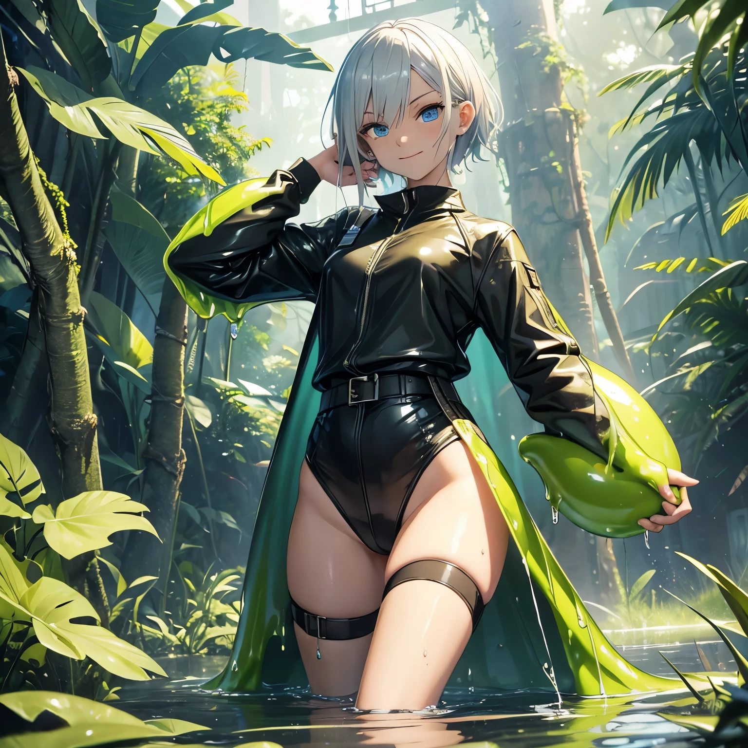  Adult, Androgynous, Hunter, Slime, Plasmiod, Beautiful, Athletic, Thin, Silver Hair, Shorthair, Blue Eyes, Smiling, Jungle, 3D, Cinematic, HDR, Very Detailed, HD, Background, RTX, 2K, Masterpiece, RE3Jill, ((( Slime Translucid body liquid))), Full Body, Very Detailed, HD, 3D, 2K, Masterpiece