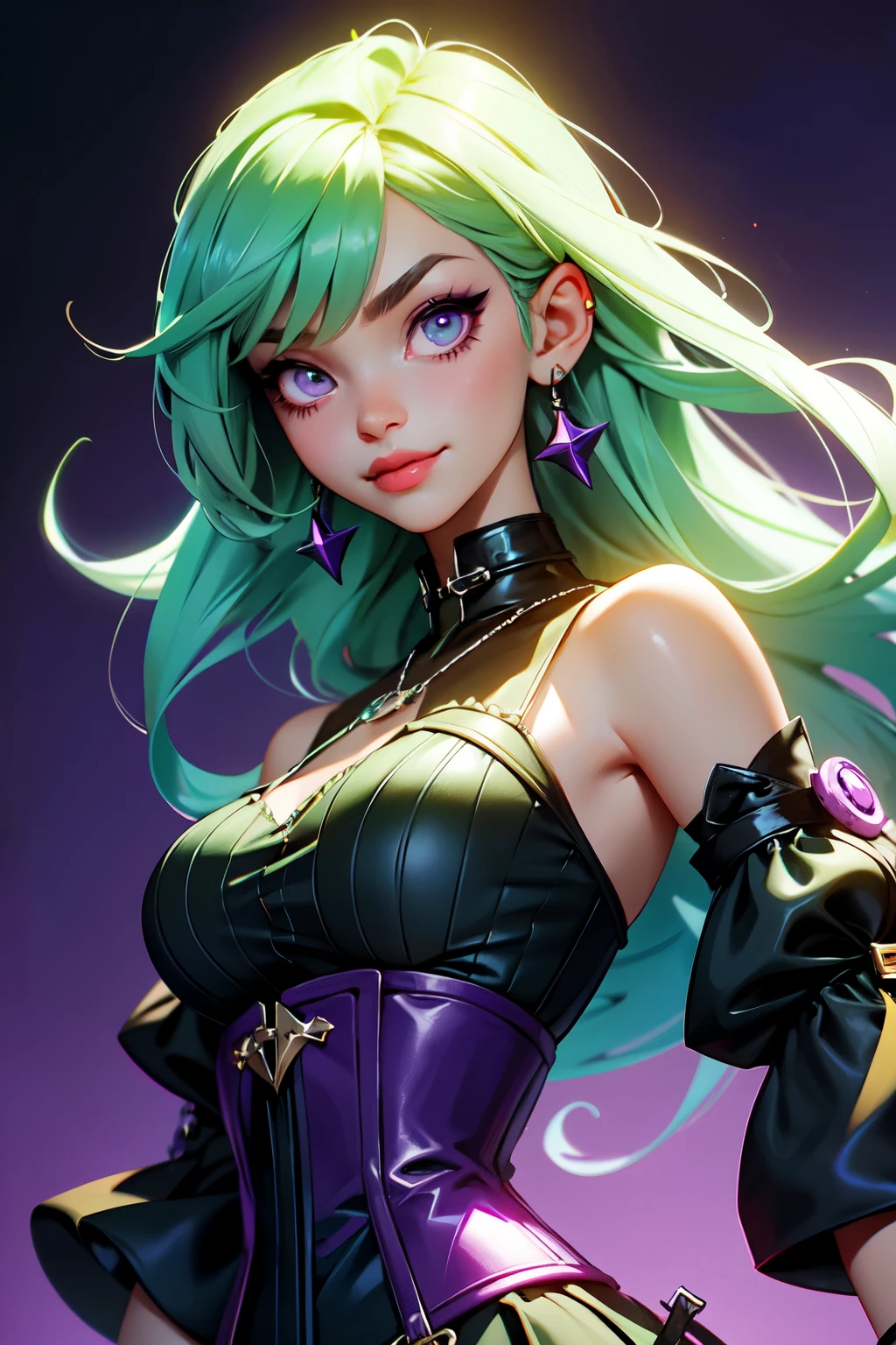 Girl with bright long green hair, bang, covering one eye, purple eyes,black short fitted dress with corset and high collar, with purple shoulderless sleeves, Ear piercing, cross pendant,black fingerless gloves,neon city, grins