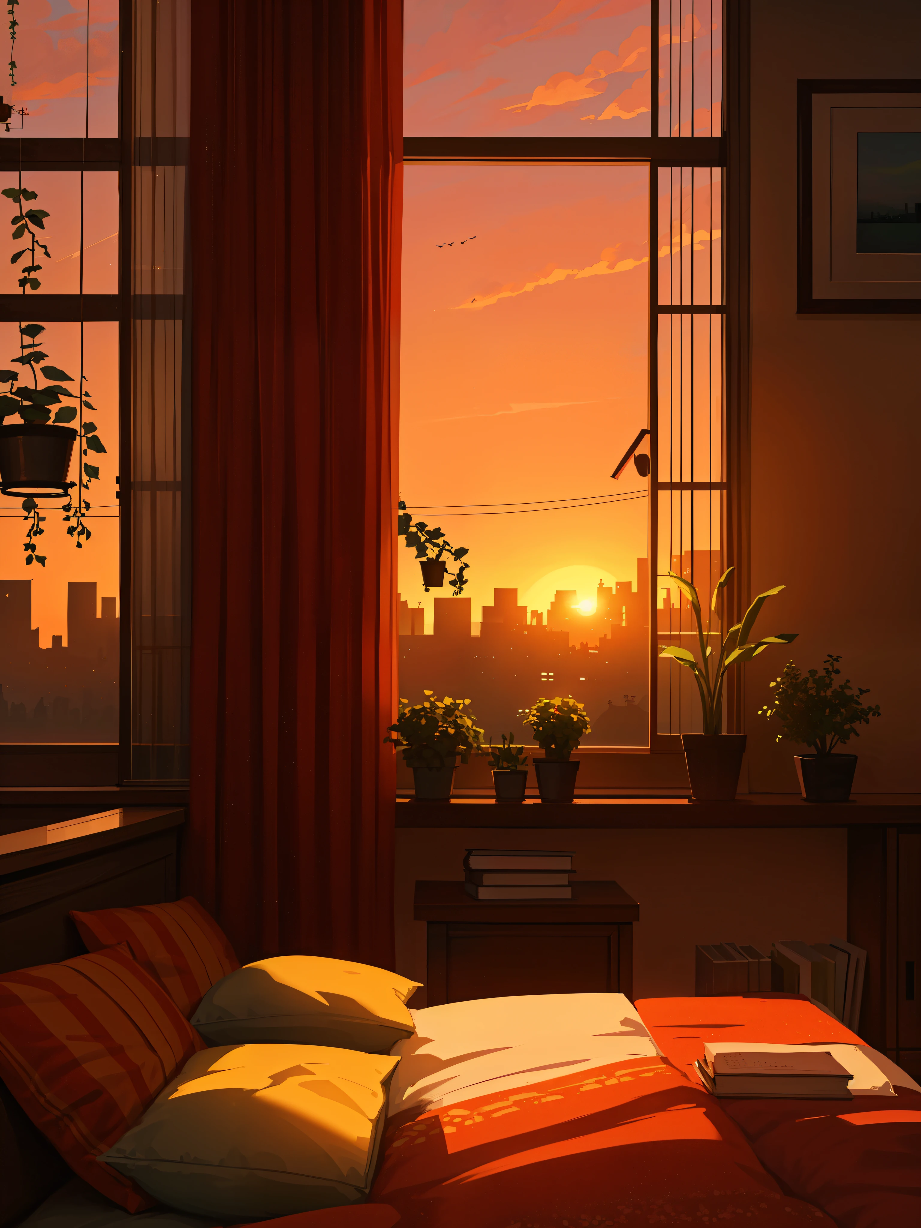 a inside view of a bedroom with books around, view of city during sunset outside, plant pots near window, hues of orange and red, beautiful vibrant sunset sky, shadow, window blinds, lofi environment 
