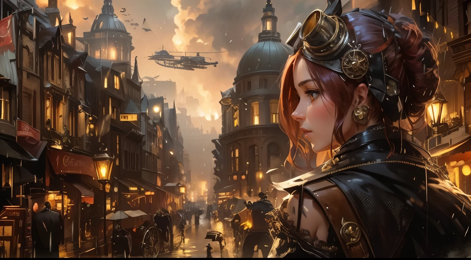 London street in the late 1800s, but with a steampunk twist. Think towering clockwork buildings with smokestacks puffing out steam, gaslight lamps casting an orange glow, and airships gliding silently overhead. Cobblestones slick with rain reflect the gaslight and bustling activity. Character: A beautiful woman with an air of confidence and purpose. Describe her distinct features and steampunk attire. Here are some options: Crimson hair cascading down her shoulders, adorned with gears and a miniature brass monocle perched on one eye. Dressed in a long, flowing coat of worn leather, accented with polished brass buckles and intricate clockwork patterns woven into the fabric. Goggles rest on her forehead, and sturdy riding boots with built-in steam pistons propel her bicycle
