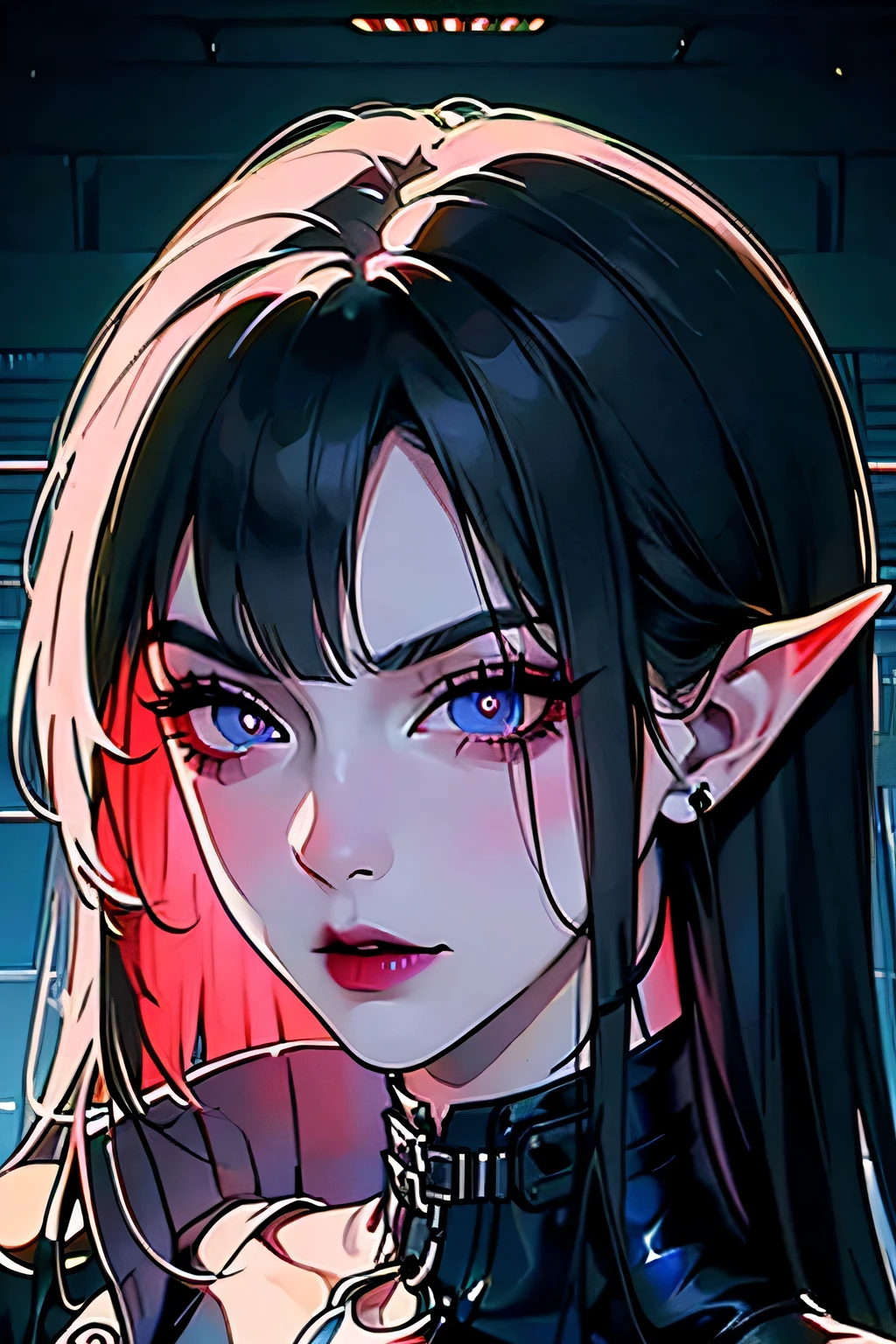 symmetrical face。troubled face。black hair。goblin。surprised expression。serious expression。despise cyberpunk。empty eyes。evil woman。Small devil