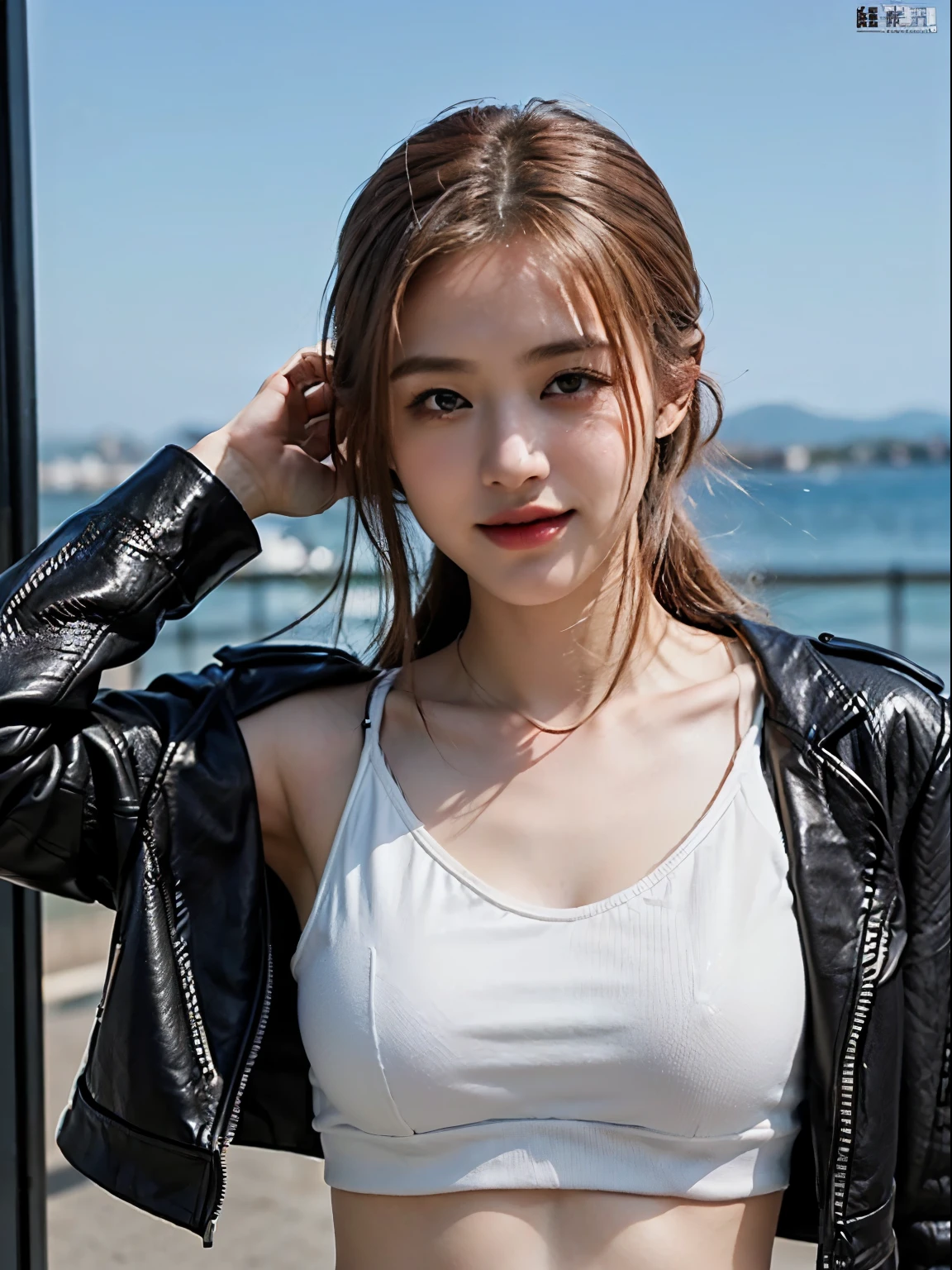 (8k、RAW Photos、top-quality、masterpiece:1.2)、(realistic Photo-realsitic:1.37)、1girl in、japanese, 18-years old, (slightly chubby), face lights, Detailed face, slightly cunning smile, (white cropped top with a black faux leather jacket over a top:1.3), (open jacket to show nice armpit), black shiny jacket,