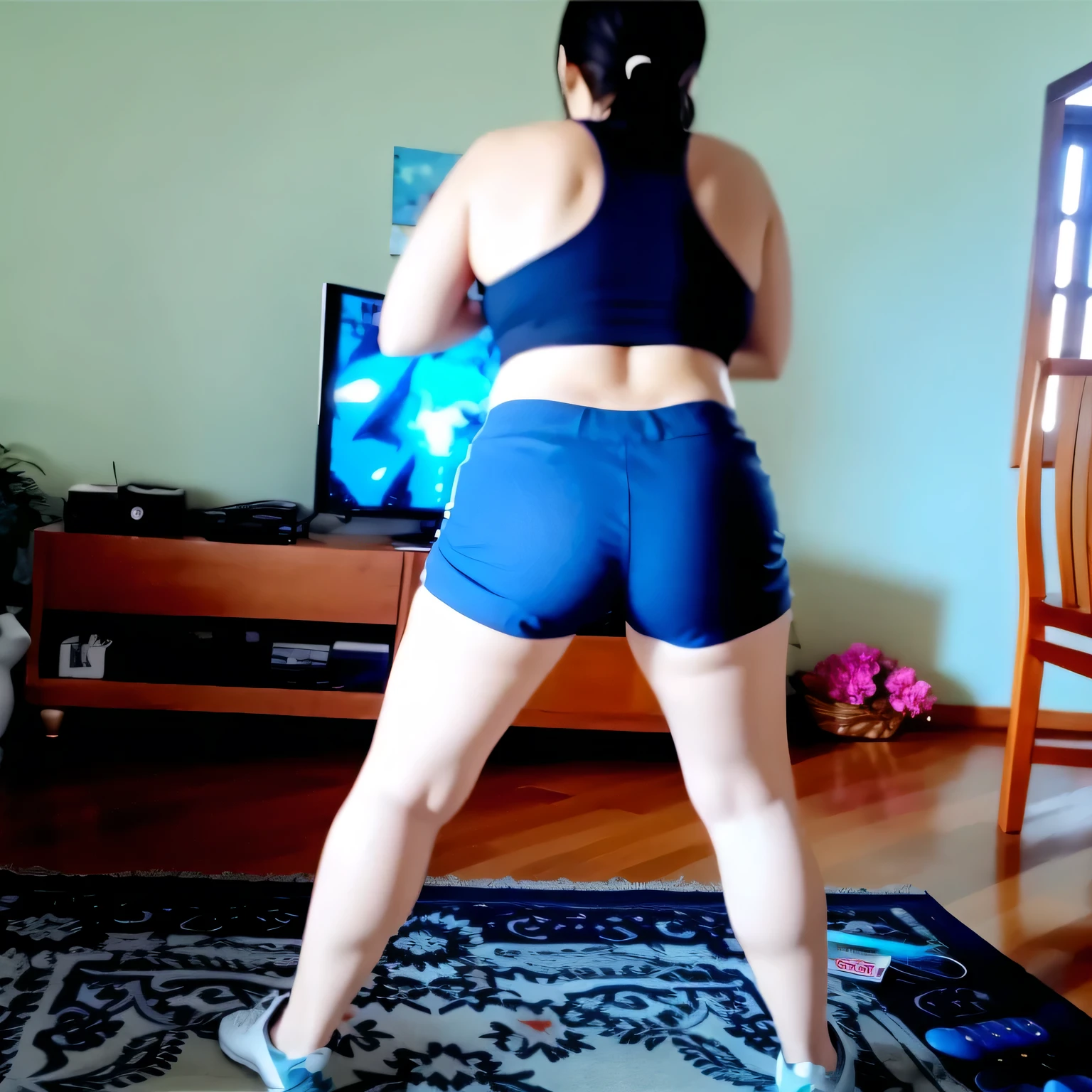 there is a woman in blue shorts playing video games, pose de costas, Tiro from behind, long shot from behind, long shot from behind, tiro traseiro, shot from behind, from behind, de volta - tiro, vista traseira!!, from behind, vista traseira, seen from behind, view from behind, tiro from behind, com bermuda preta apertada. Foto de corpo inteiro, foto clara, alta qualidade, high resolution, obra-prima, 8K.