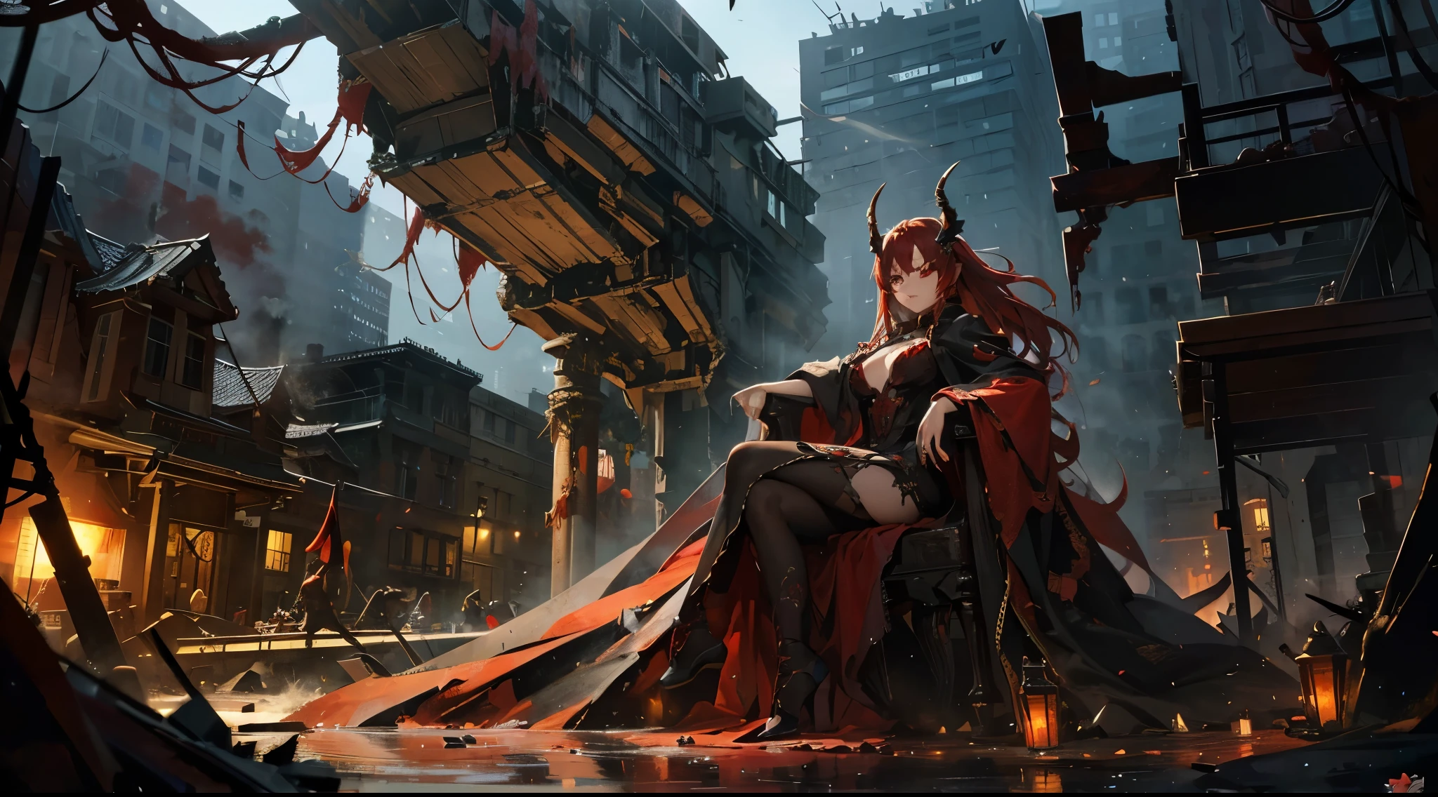 Walk in an apocalypse setting, [Best quality, shaded, extreme details, very detailed, ultra detailed, complex, realistic, perfect face], fenrir woman, thick fur, long hair, (red colored fur), almond eyes, smile discreet, serene face, wears a brooch around his neck.