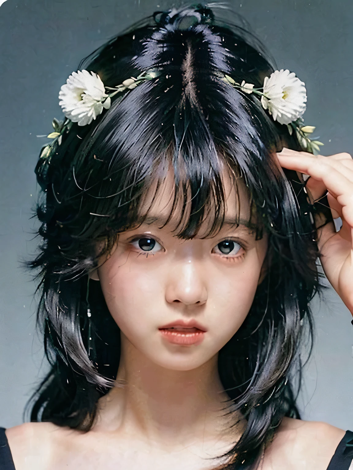 There is a young girl with short hair posing for a photo,。Portraits of female idols in the 1980s。 fluffy bangs,。Hairstyle like Seiko Matsuda。Old Idol
