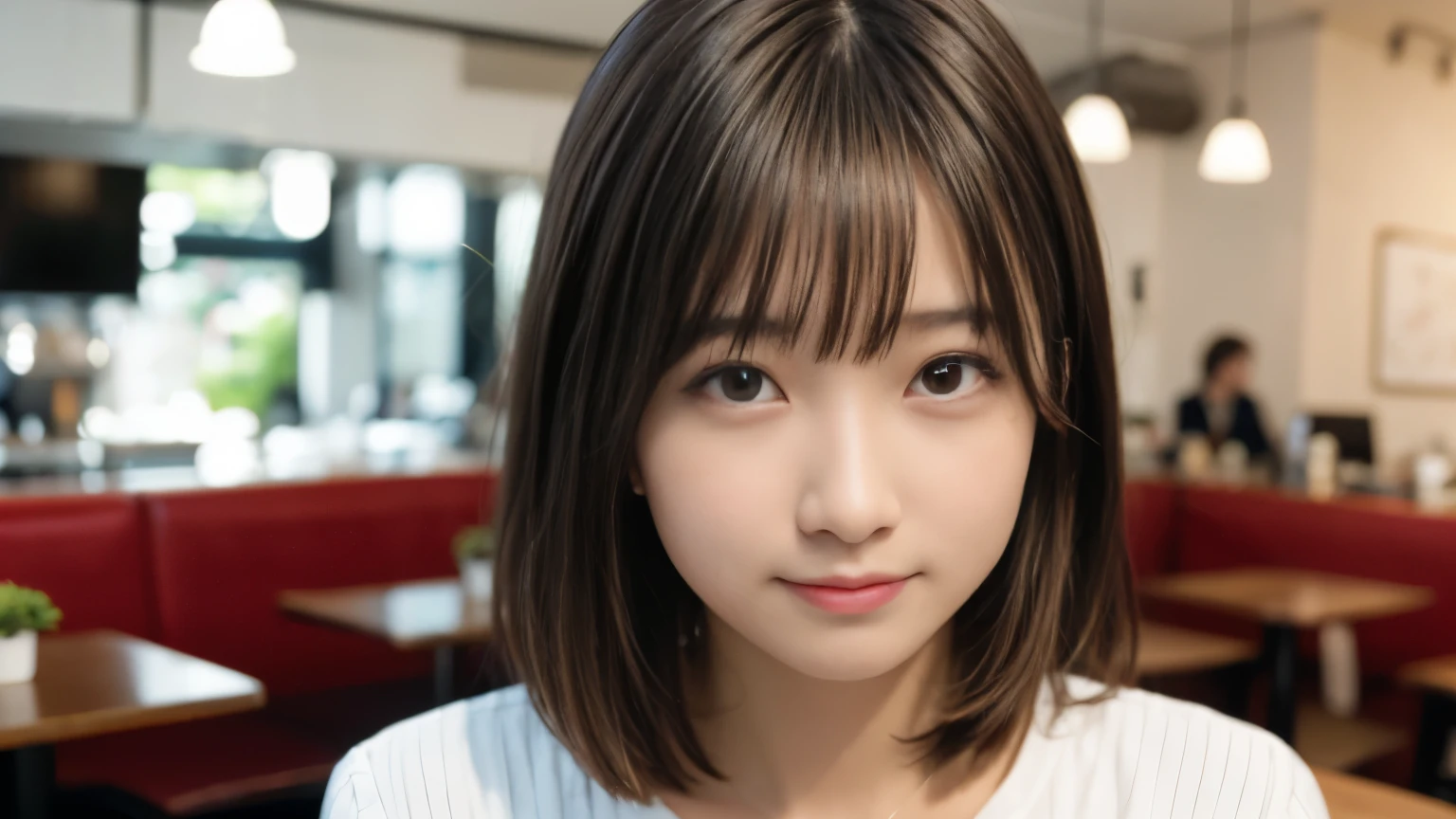 masterpiece, best quality, 8k, disorganized person, white shirt, beautiful girl, pretty face, looking at the viewer, smile, super realistic, high resolution, picture, sharp focus, HDR, face light, dynamic lighting, movie lighting, professional shadow, beautiful cafe background, best details, very detailed, Super detailed, finely, real skin, delicate facial features, detailed face and eyes, sharp pupils、real students