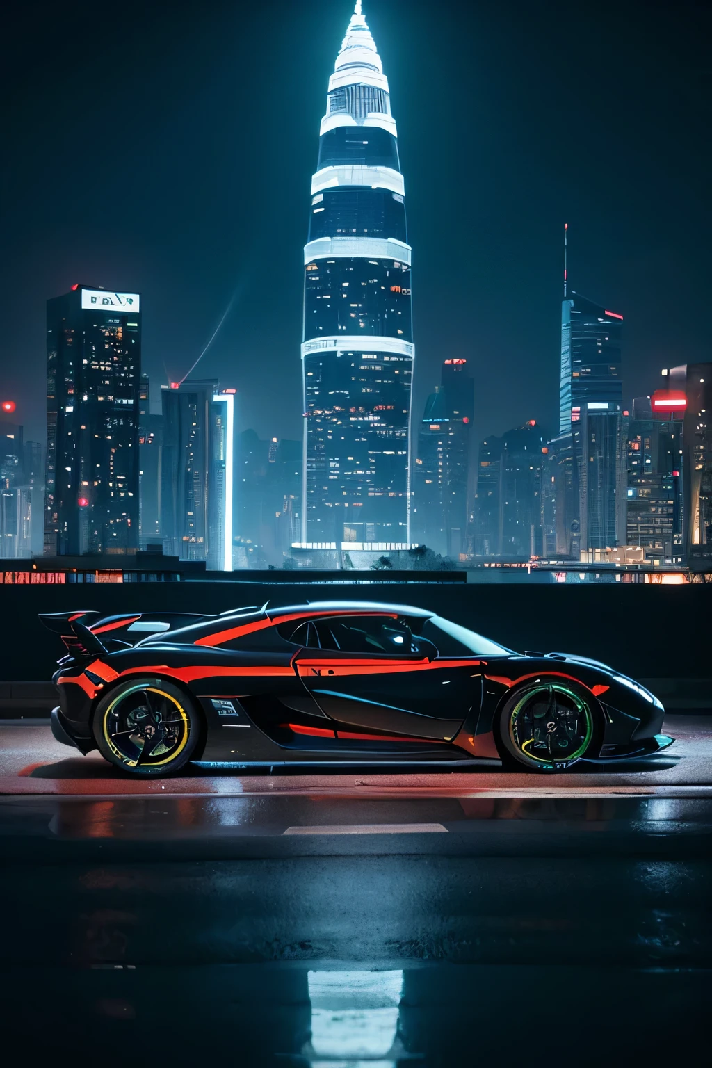 Wallpaper landscape，Style neon mirage: supercar koenigsegg, flashing neon lights, Night view of tall buildings, Dragging the trail of liquid light. liquid, reflect car&#39;Vibrant neon tones, Creates a kaleidoscope of water splashes against an urban backdrop. 这个超现实的奇观是使用 Cinema 4D 的liquid模拟在 f 光圈下制作的/2.8, ISO 400, Shutter speed is 1/60 seconds. final image, Optimized with gamma correction and tone mapping, Presenting an intoxicating fusion of speed, color, and liquid magic, Get inspired by the style of Alex Roman and Beeple.