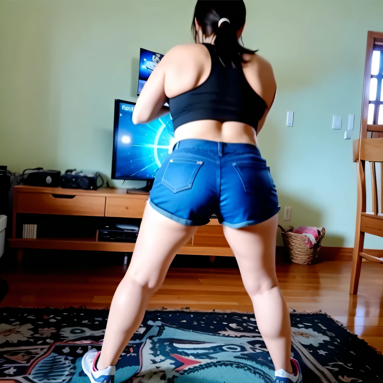 there is a woman in blue shorts playing video games, pose de costas, Tiro from behind, long shot from behind, long shot from behind, tiro traseiro, shot from behind, from behind, de volta - tiro, vista traseira!!, from behind, vista traseira, seen from behind, view from behind, tiro from behind, com bermuda preta apertada. Foto de corpo inteiro, foto clara, alta qualidade, high resolution, obra-prima, 8K.