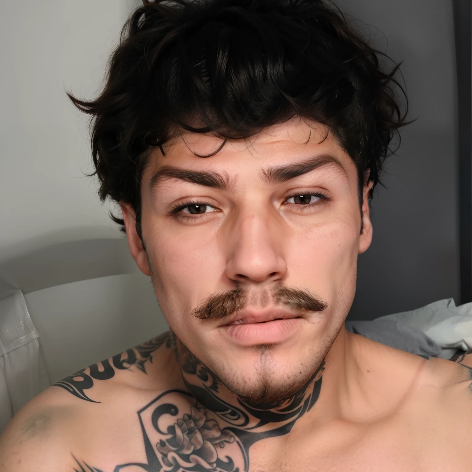 sharpened man with a tattoo on his chest and neck, neck beard, profile picture with headshot, imagem de perfil, com tatuagem facial, cavanhaque curto, bigode fino, thin and tiny mustache, tatuagens faciais