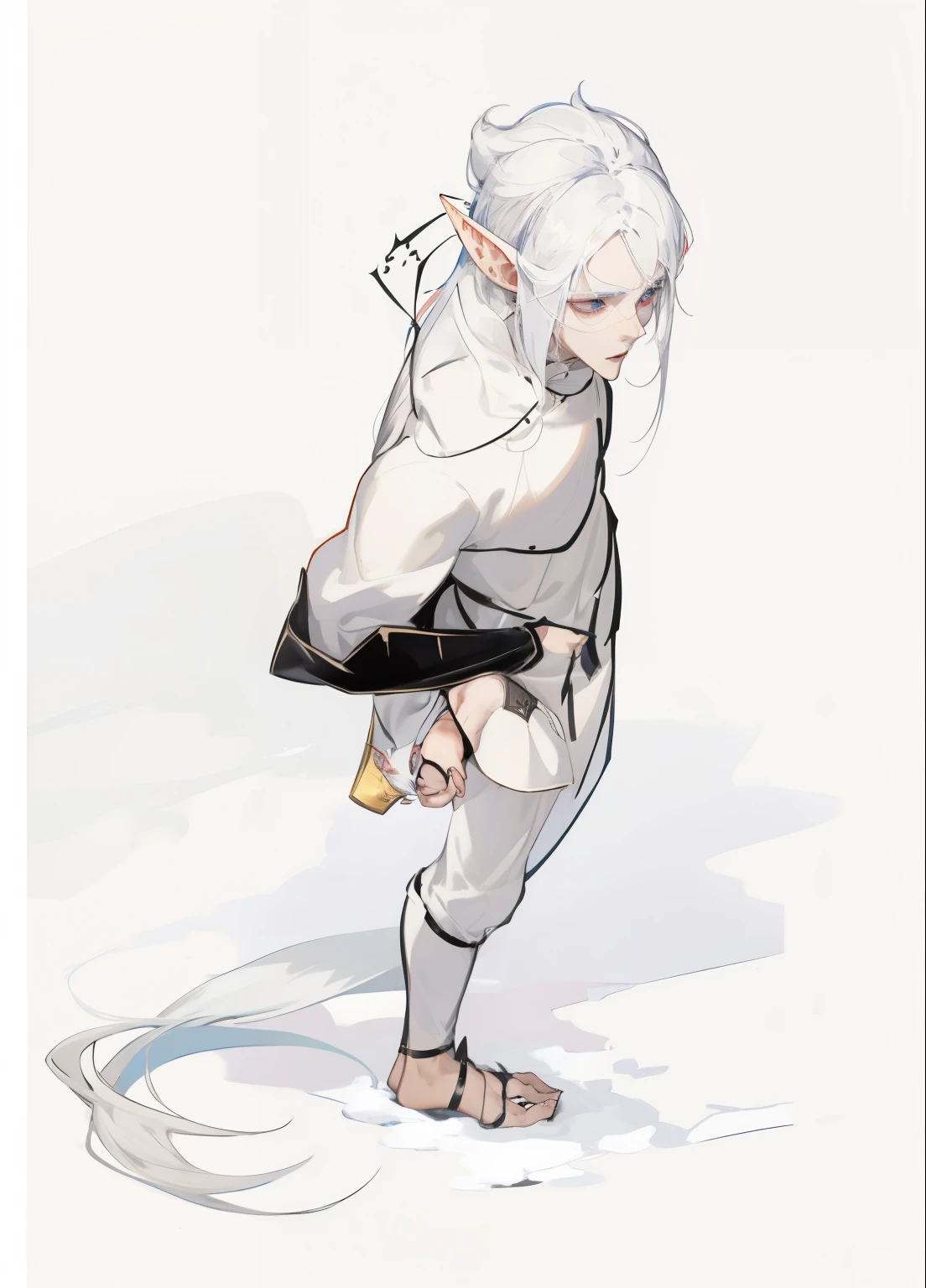 (Best quality:0.8) 1 man, snow-white hair, Slim, black sclera, black robe, long gathered hair, ((elf))