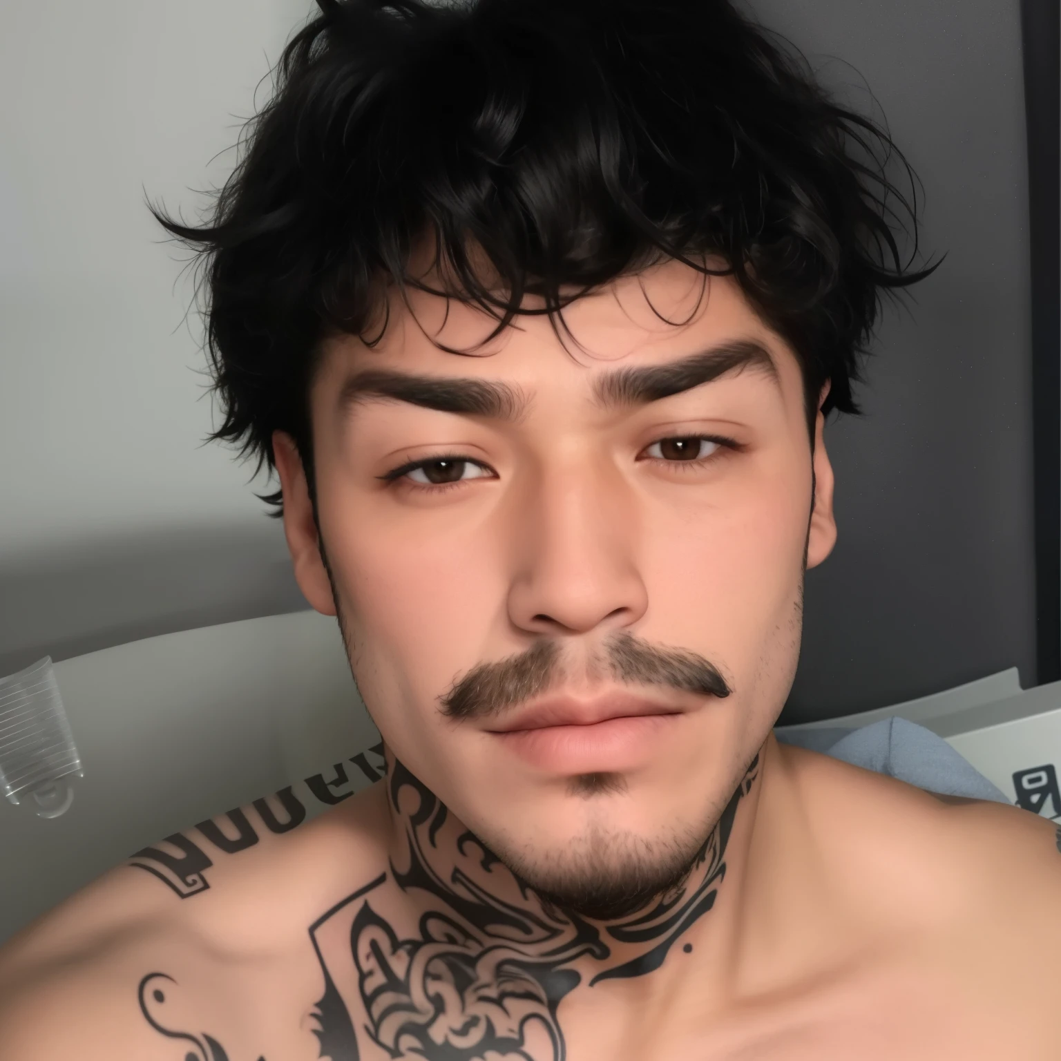 sharpened man with a tattoo on his chest and neck, neck beard, profile picture with headshot, imagem de perfil, com tatuagem facial, cavanhaque curto, bigode fino, thin and tiny mustache, tatuagens faciais