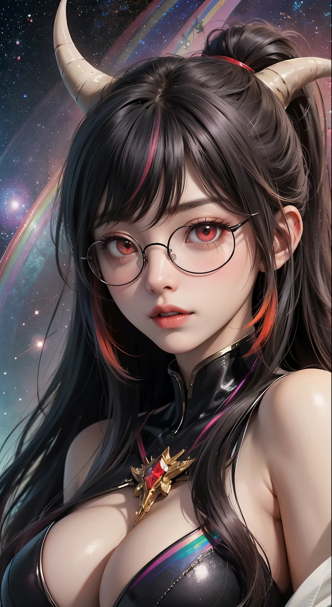 1名 27歳 woman, Understood、(best illustrations)、8k UHD resolution、intricate details、最high quality、realistic、Super detailed、best lighting、best shadow、soft lighting、ultra hd、dungeon and Dragon、cave、dungeon、 necromancer、night、dark style、Succubus、devil'Daughter of、bat wings,(((demon hornラック縁round glasses))))、(((big breasts)))、(devil'tail)、(red eyes shine:1.6)、masterpiece、beautiful features、Tyndall effect、realisticphotograph、(high detail skin:1.2)、8KUHD、Digital single-lens reflex camera、high quality、photograph、High resolution、 absurd、Ponytail distortion、Optimal ratio of 4 fingers and 1 thumb、1 girl、hair ornaments、真っ赤に輝くgemのネックレス、gem、beautiful expression、body up、big breasts emphasis、tight waist、wide ass、Tyndall effect、Photoreal、(high detail skin:1.2)、dark and mysterious version, lipstick red lips, thin and beautiful lips, Don'Don'Don'Don'don't laugh, please keep your mouth shut, Characters created by Karol Baku and Pino Denis, intricate details, detailed background, very detailed, magic of light, woman, cute face, ((((giant glasses, otaku glasses, thick glasses, round glasses))))、, (((demon horn))))、(((bat wings))))、 looking at the Upper body of the goddess , round chest, big and round chest, phoenix hair brooch, long hair with bangs, (Long hair has seven colors like a rainbow:1.9), Beautifully detailed face and well-proportioned eyes, (Crystal clear red eyes: 1.8), Big round eyes and very beautiful and detailed makeup, Visionary, long silk nightgowns, mysterious makeup, ブresponseレット, I dyed the side bangs light yellow....., Upper body, (goddess Upper body: 1.8), hanging arms, リアルで鮮やかなphotograph, (stars that make up : 1.7), ( Space-time portal of sky and imagination: 1.8), fiction art, RAWphotograph,黒い着物のphotograph, 最高のphotograph , expensive_response, 最high quality, 最高のphotograph, 8K quality, 8k ultra , surrealism, 最も経済的な本物のphotograph, Artistic portrait of 12 signs, Symbol of one of the 12 signs on the reverse side, 12 Portrait of the Goddess, 最もrealistic配色, 最高のphotograph color, masterpiece, hair ornaments, ネックresponse, jewelry, beautiful face, Upper body, Tyndall effect, photographのようにリアルな, Dark studio, border light, two tone light, (fine skin) expensive: 1.2), 8k UHD, Digital single-lens reflex camera, soft light, expensive quality, volume light, Frank, photograph, expensive responseolution, 4K quality, 8k, Bokeh, smooth and sharp, 10x more pixels, Charming goddess, sexy goddess, (background space: 1.8), (milky way: 1.7), aurora, lightning, (auroraの背景: 1.8) <roller:crazy_perfect eyes_v1_from_v1_, beautiful goddess and flowers, (((demon horn))))、(((bat wings))))、
