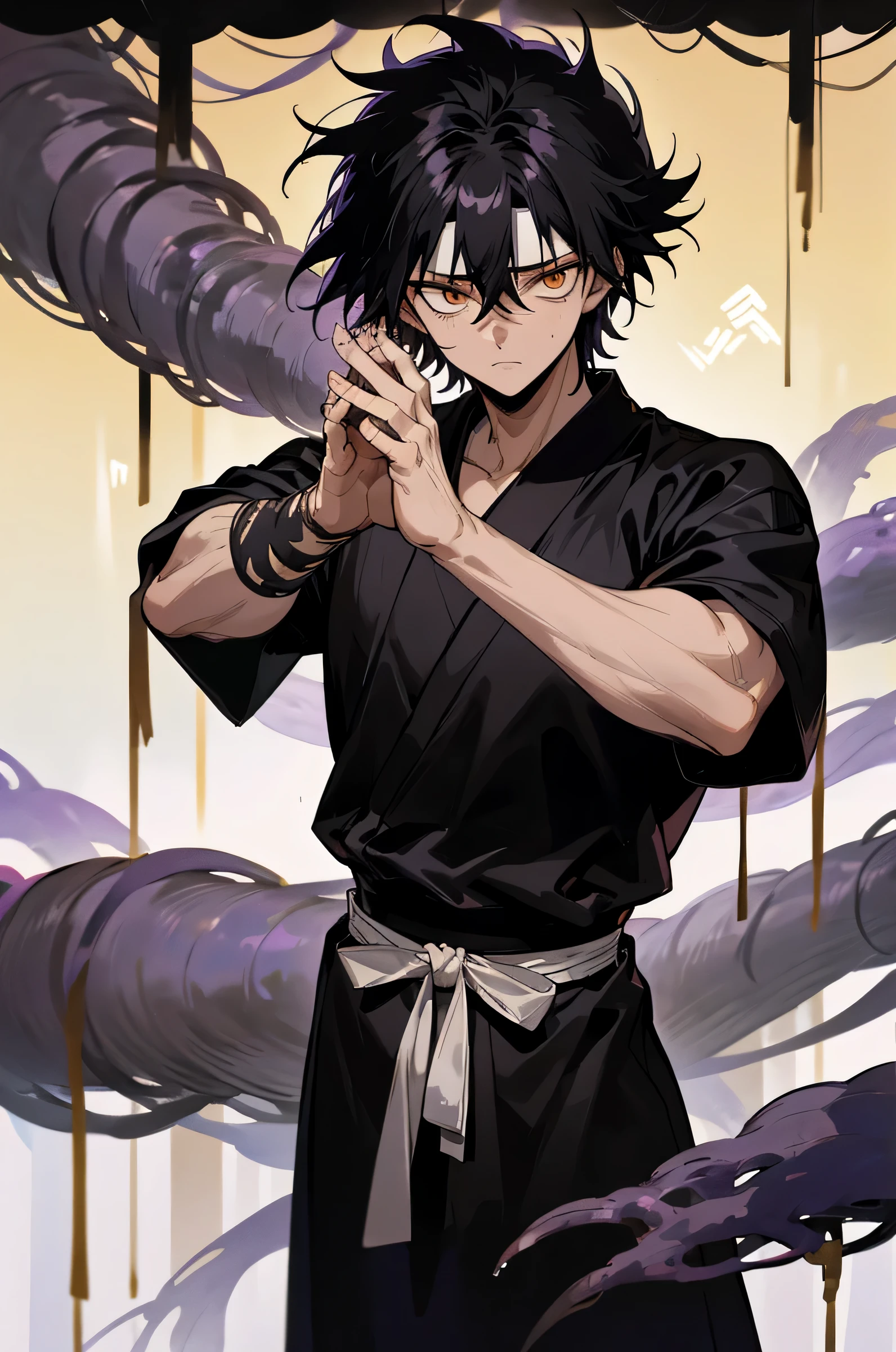 1male , Adult, black hair , gold eyes , messy hair , Muscle , white and black haori slightly short sleeves and long sleeves underneath , standing in forest background , facing viewer, somber expression ,Gojo Clothing , purple wrapped belt , lean build, Demon, dark Aura, Bandana