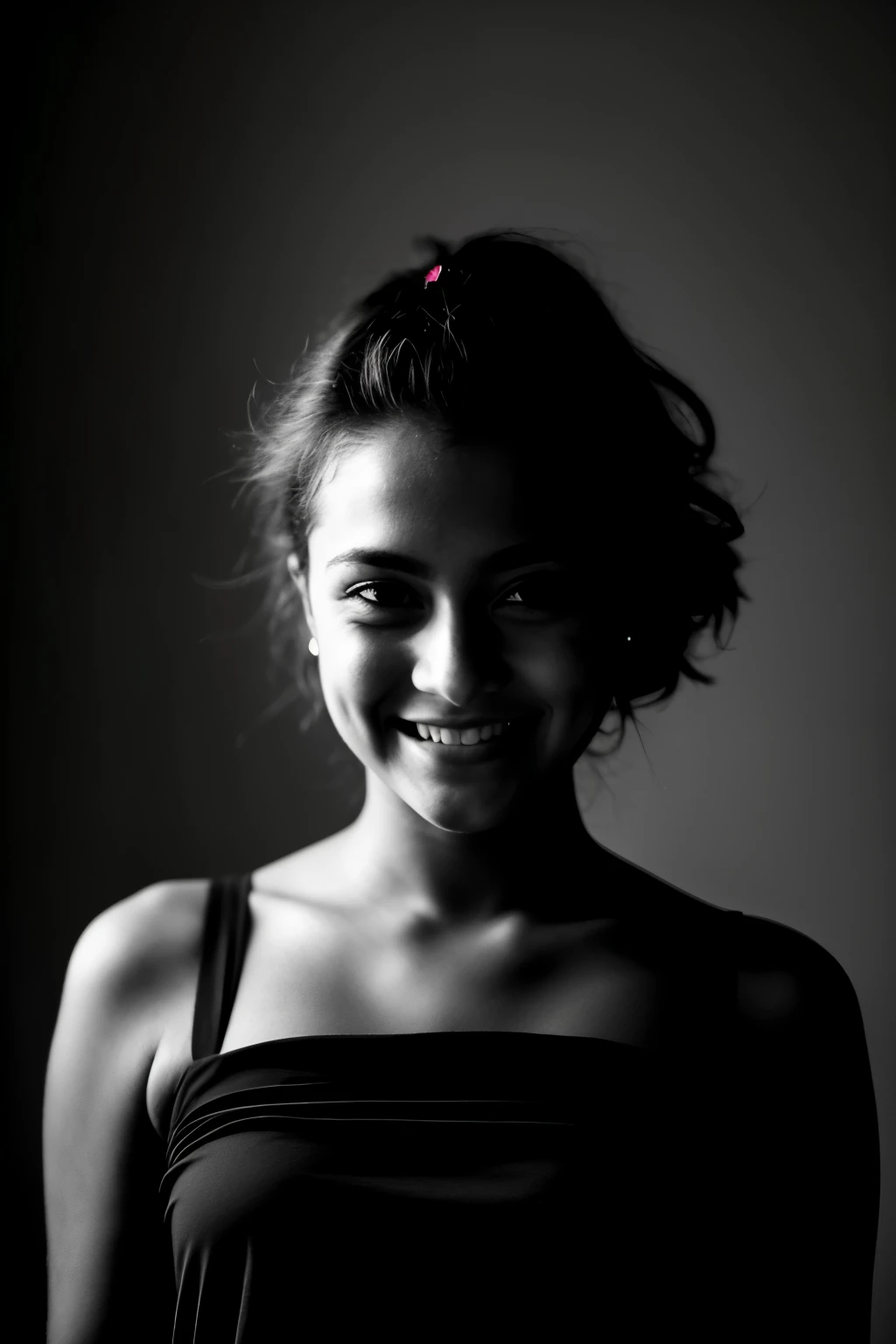 Foto RAW, retrato de cara impactante de mujer joven, vestida de negro, happy expression, sombras intensas, Cinematic shot, dramatic illumination.