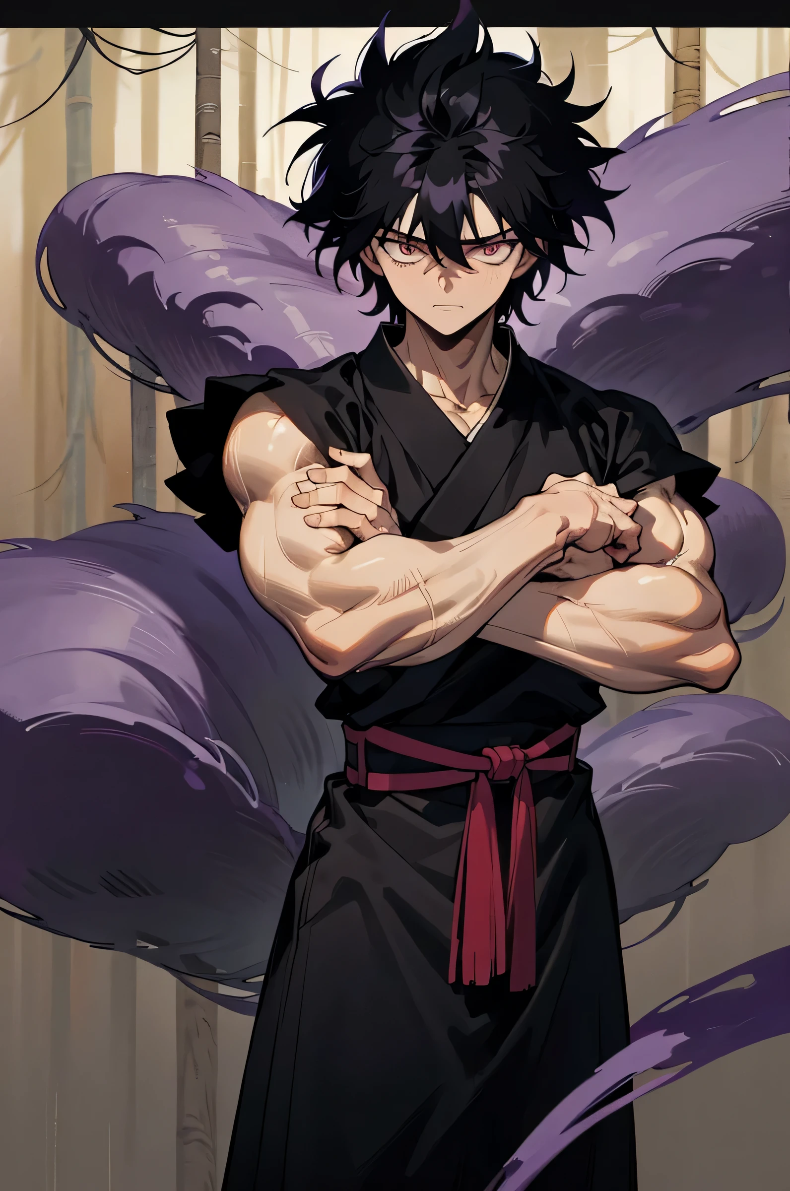 1male , Adult, black hair , gold eyes , messy hair , Muscle , white and black haori slightly short sleeves and long sleeves underneath , standing in forest background , facing viewer, somber expression ,Gojo Clothing , purple wrapped belt , lean build, Demon, dark Aura, Bandana