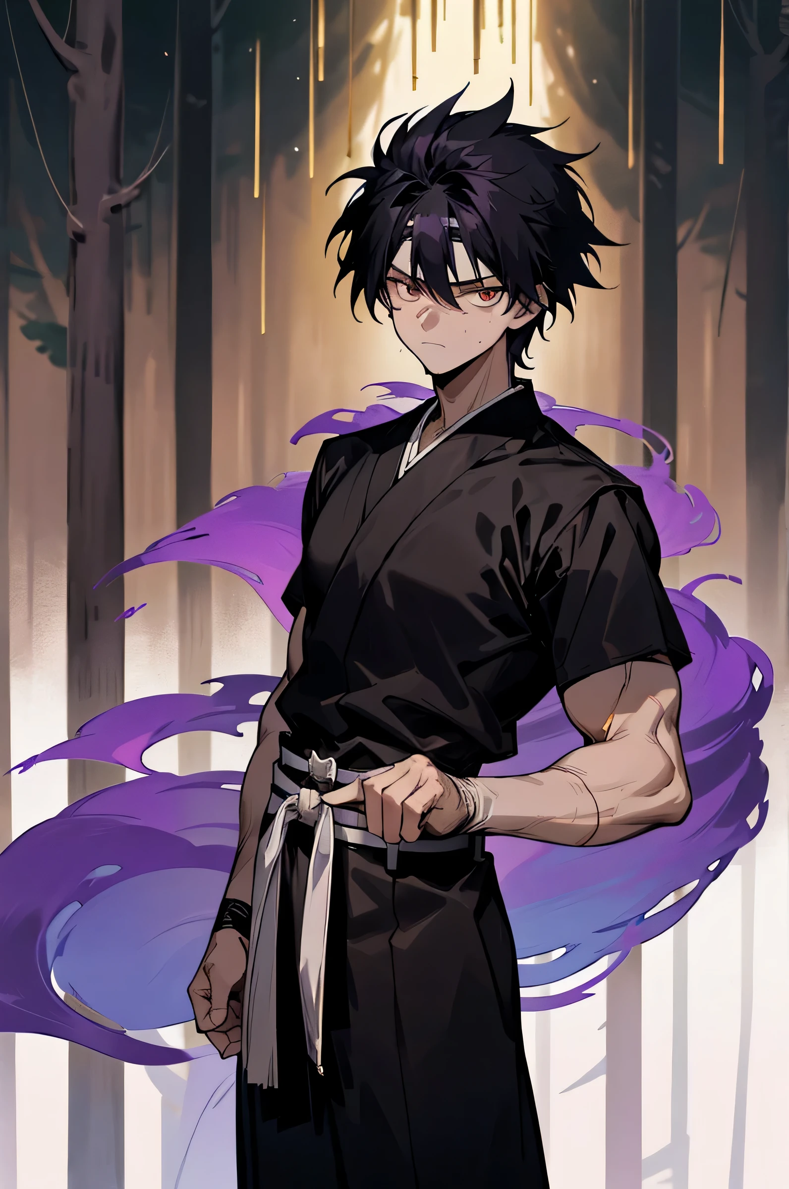 1male , Adult, black hair , gold eyes , messy hair , Muscle , white and black haori slightly short sleeves and long sleeves underneath , standing in forest background , facing viewer, somber expression ,Gojo Clothing , purple wrapped belt , lean build, Demon, dark Aura, Bandana