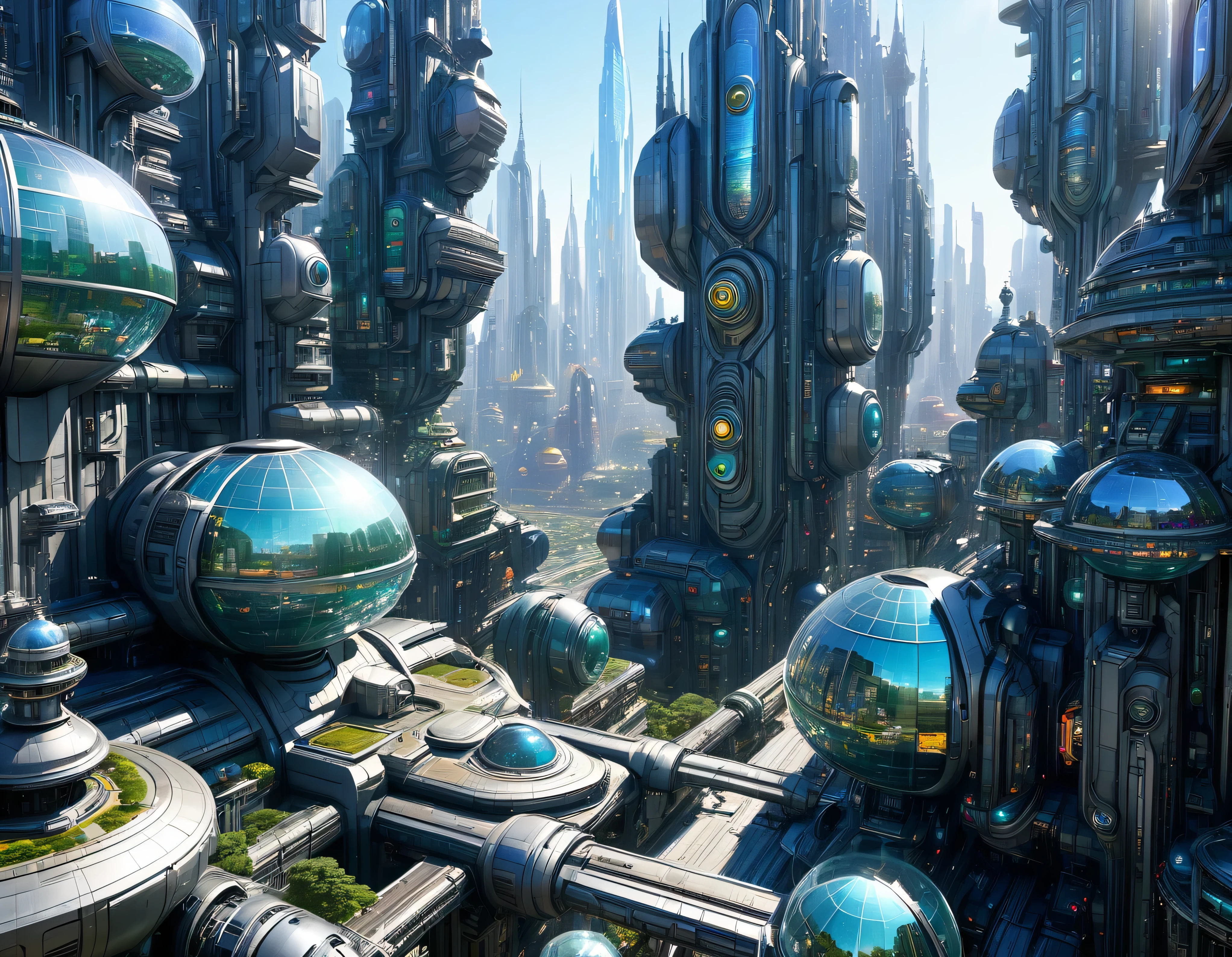 (sunny mid-morning lighting), megacity, megalopolis of an imaginary world of science fiction , parecido a una disneylandia futurista, and maximum fantasy, con inmensos edificios y rascacielos ovalados y dodecaedricos agrupados de metal y cristal donde predomina la plata y los anuncios luminosos de colores. imagen bien definida 8k, (intrincados detalles de la maquina), con muchos edificios juntos.(obra maestra de superior calidad).(imagen fotorrealista), nitidez absoluta hasta el fondo