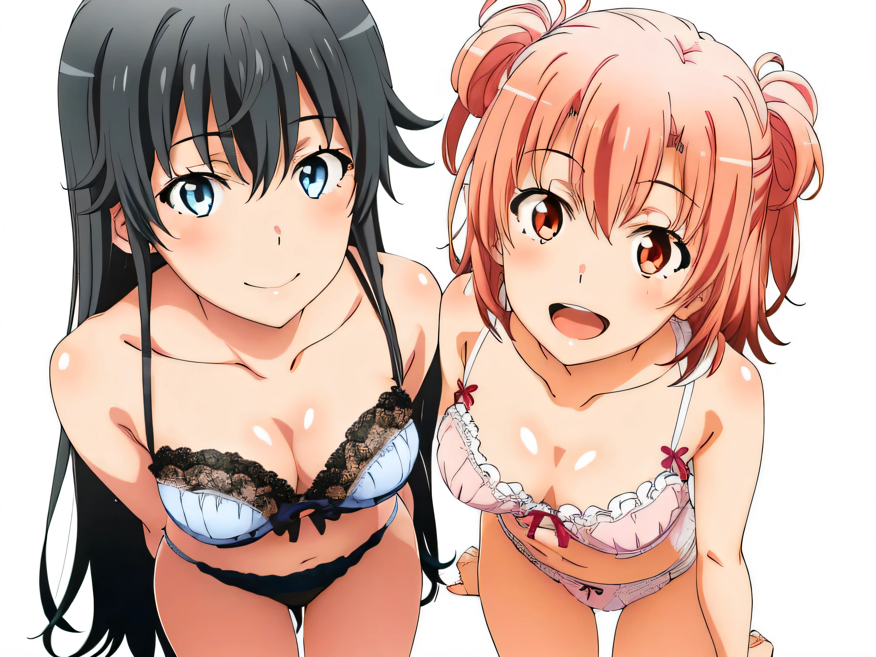 ((2 girls:1.0)), (Yuigahama Yui shapely breasts),(Yukinoshita Yukino),pin up,white frilly underwear,Pink lace underwear,(Beautiful panties),thighs ,knees,front,looking at camera,(high angle),smile,open your mouth,Panoramic view of the head,beautiful eyes