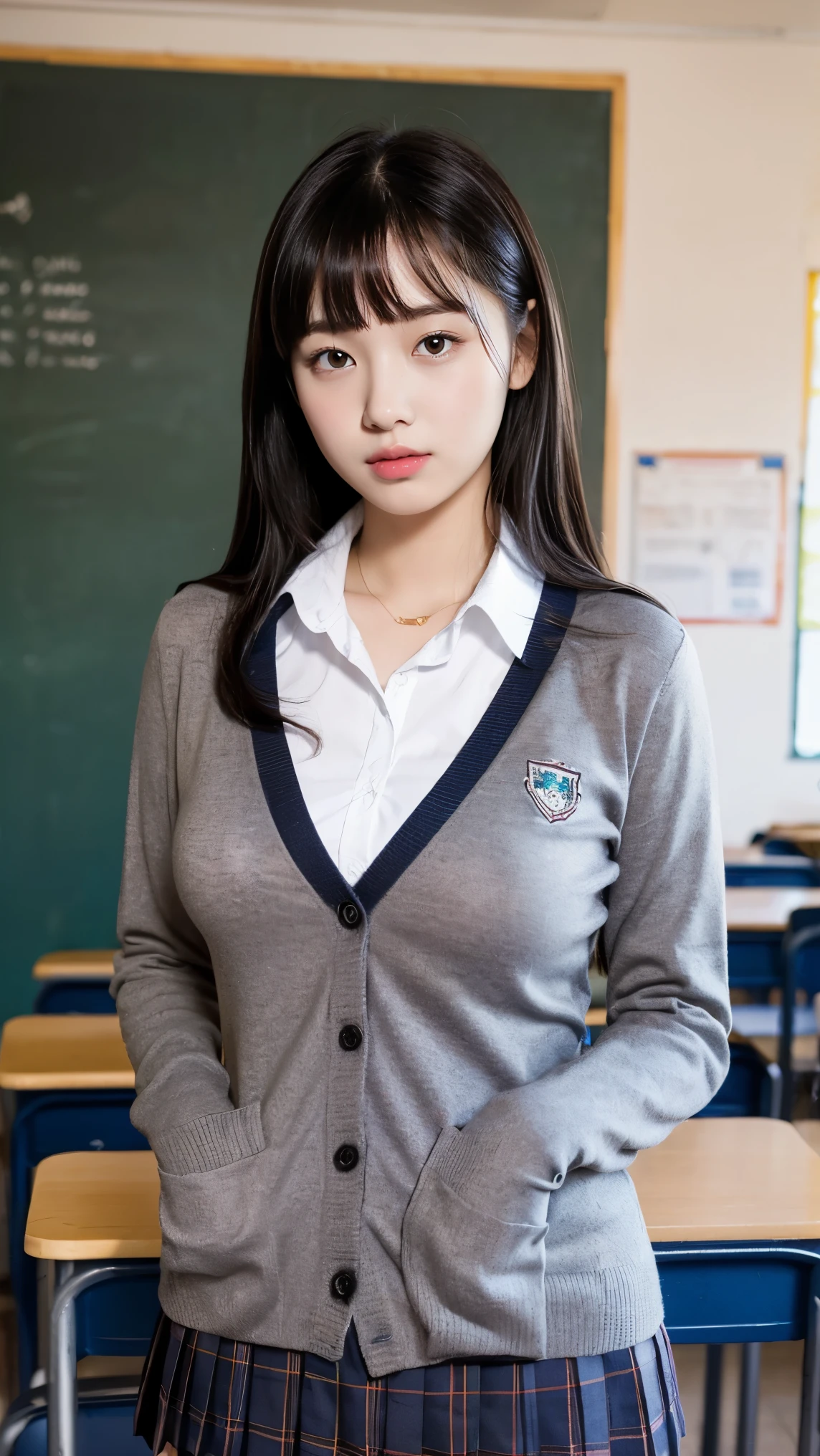 alone、high school girl、natural body shape、white skin、natural makeup、black hair、bangs、straight long hair、、(high school uniform、long sleeve cardigan、white blouse、plaid pleated skirt)、、big breasts、((The upper body is wearing a uniform))、school classroom、looking at camera、chest exposure