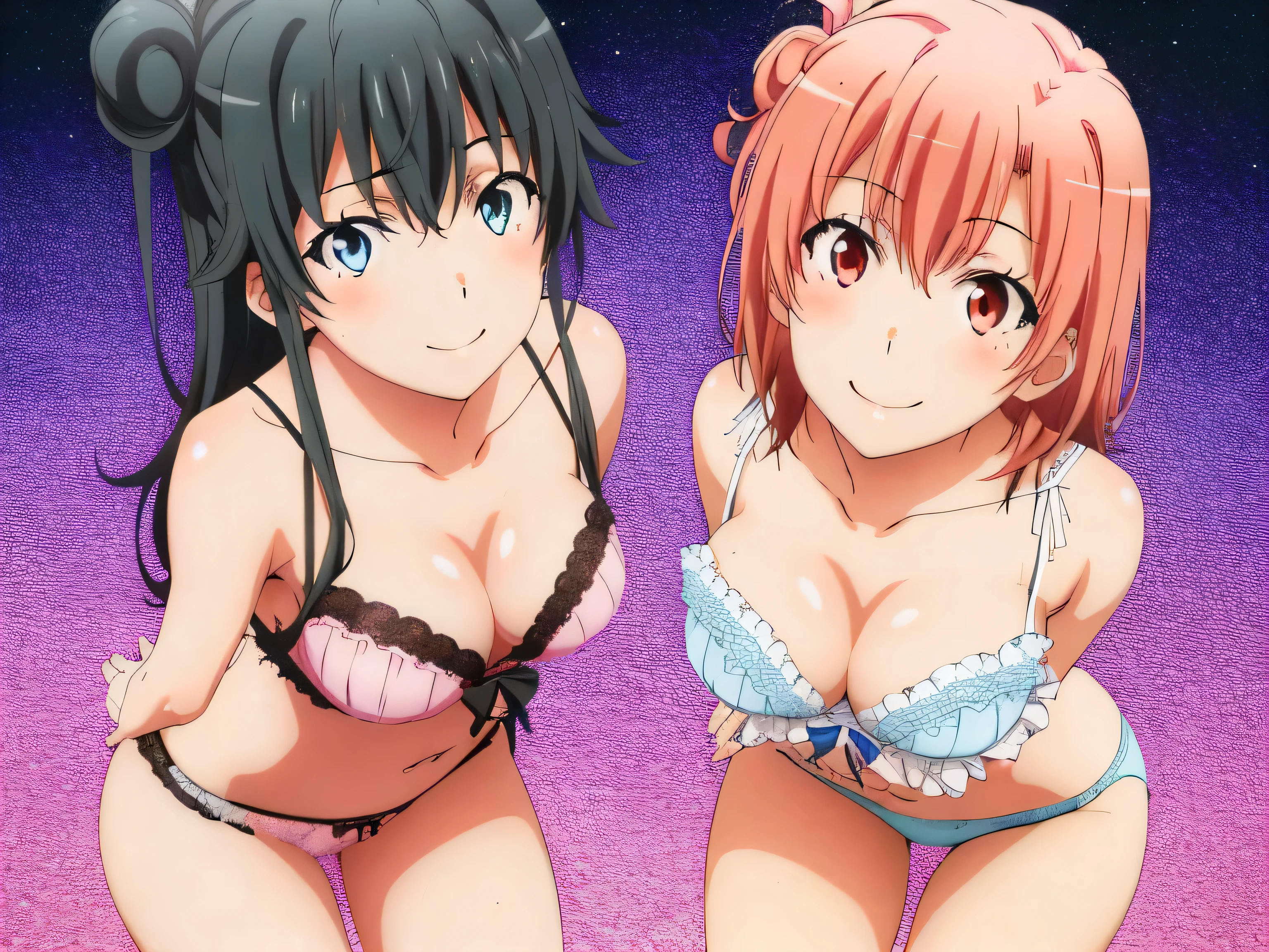 ((2 girls:1.0)), (Yuigahama Yui shapely breasts),(Yukinoshita Yukino),pin up,white frilly underwear,Pink lace underwear,(Beautiful panties),thighs ,knees,front,looking at camera,(high angle),smile,open your mouth,Panoramic view of the head,beautiful eyes