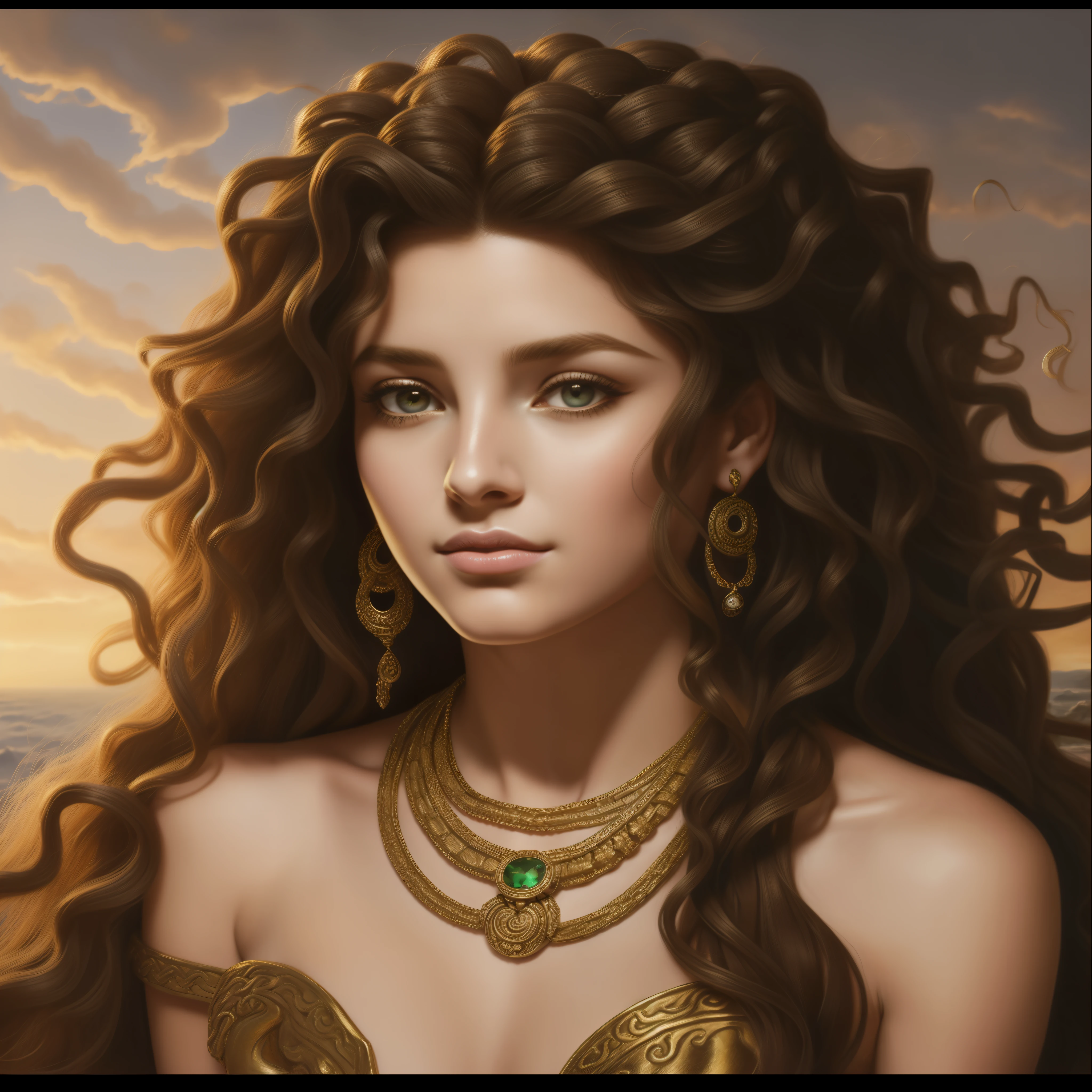 arafed portrait of a woman with long curly hair and a necklace, beautiful female gorgon, portrait of teenage medusa, gorgeous goddess of leo, beautiful goddess, female medusa long hair, a stunning portrait of a goddess, portrait of a beautiful goddess, young woman as medusa, long flowing medusa hair, gorgon, portrait of megara, goddess portrait, medusa portrait painting