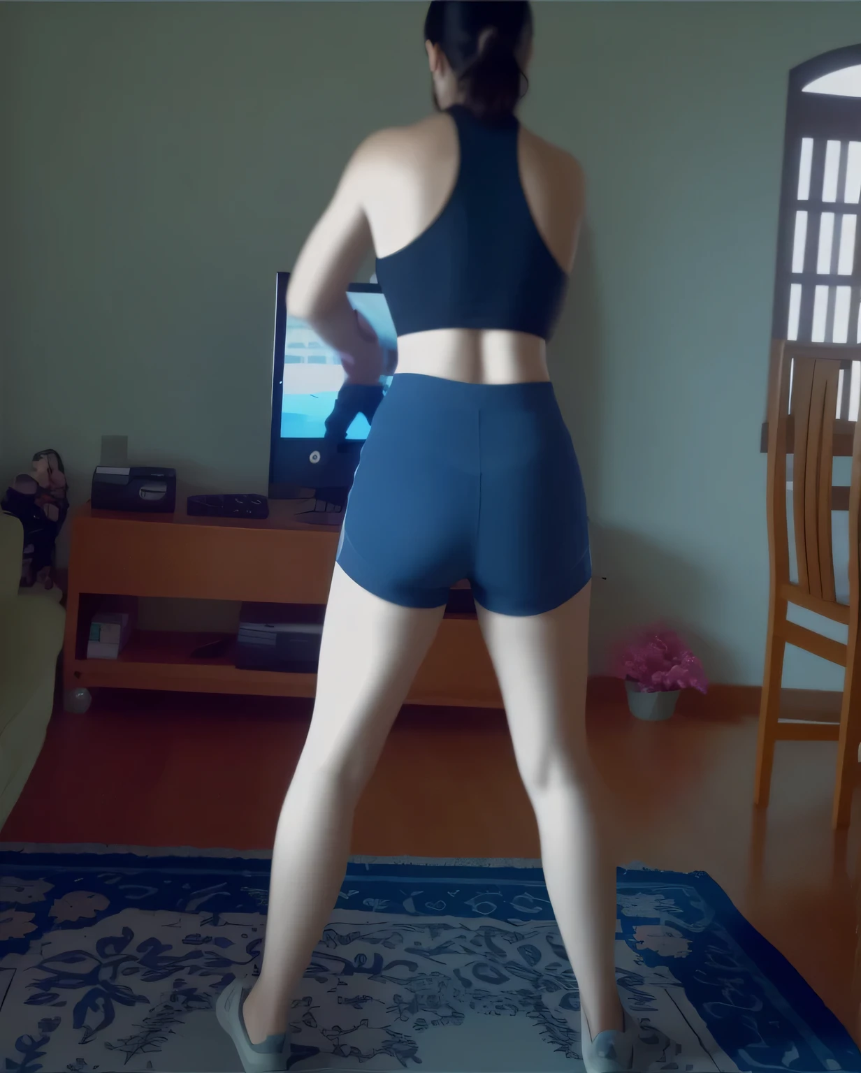 tem uma mulher de blusa preta e short azul justo jogando videogame, tiro traseiro, vista from behind, visto from behind, tiro pelas costas, photo from behind, pose de costas, Tiro from behind, Tiro traseiro, view from behind, vista traseira, from behind. Foto de corpo inteiro, foto clara, alta qualidade, high resolution, obra-prima, 8K.