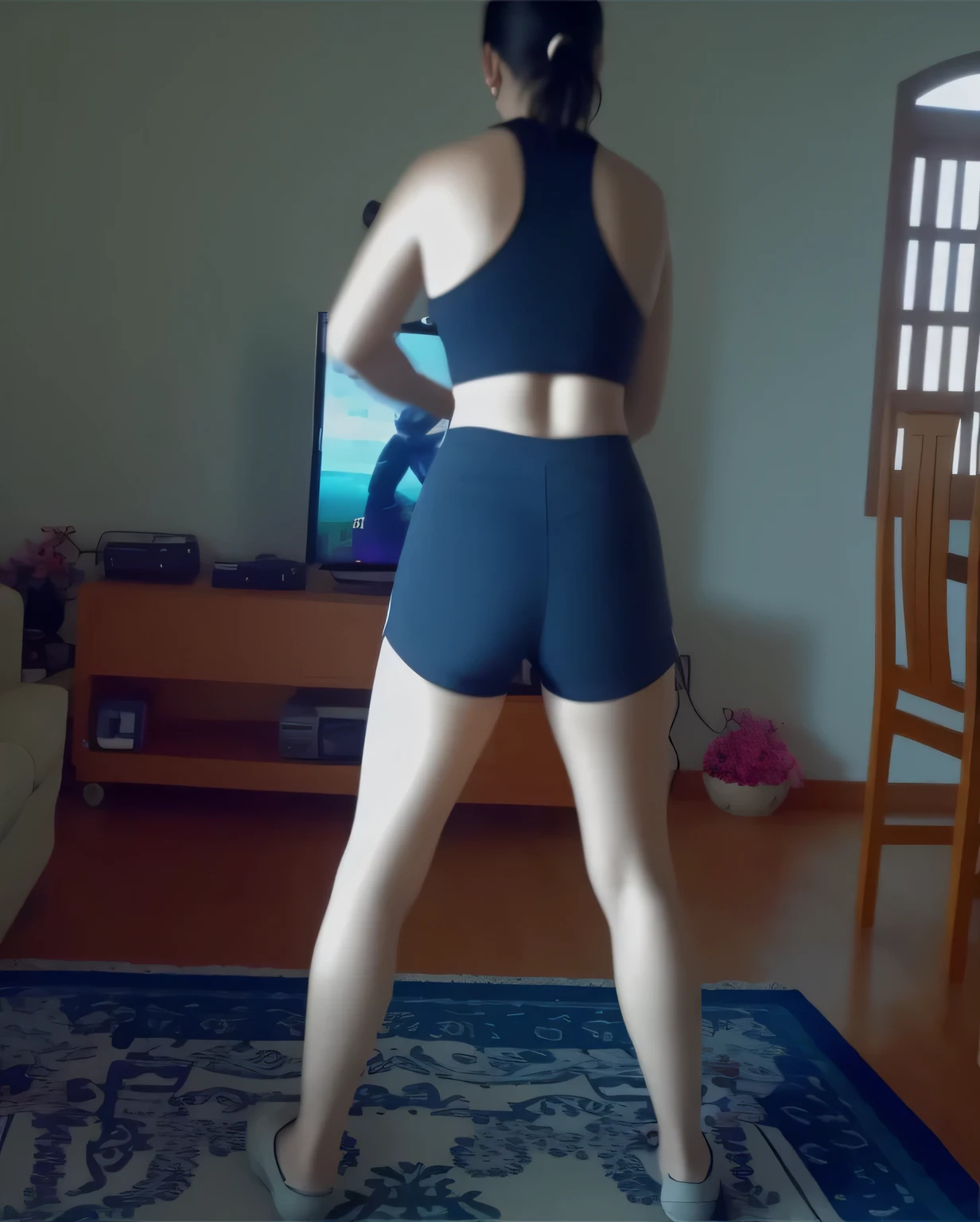 tem uma mulher de blusa preta e short azul justo jogando videogame, tiro traseiro, vista from behind, visto from behind, tiro pelas costas, photo from behind, pose de costas, Tiro from behind, Tiro traseiro, view from behind, vista traseira, from behind. Foto de corpo inteiro, foto clara, alta qualidade, high resolution, obra-prima, 8K.