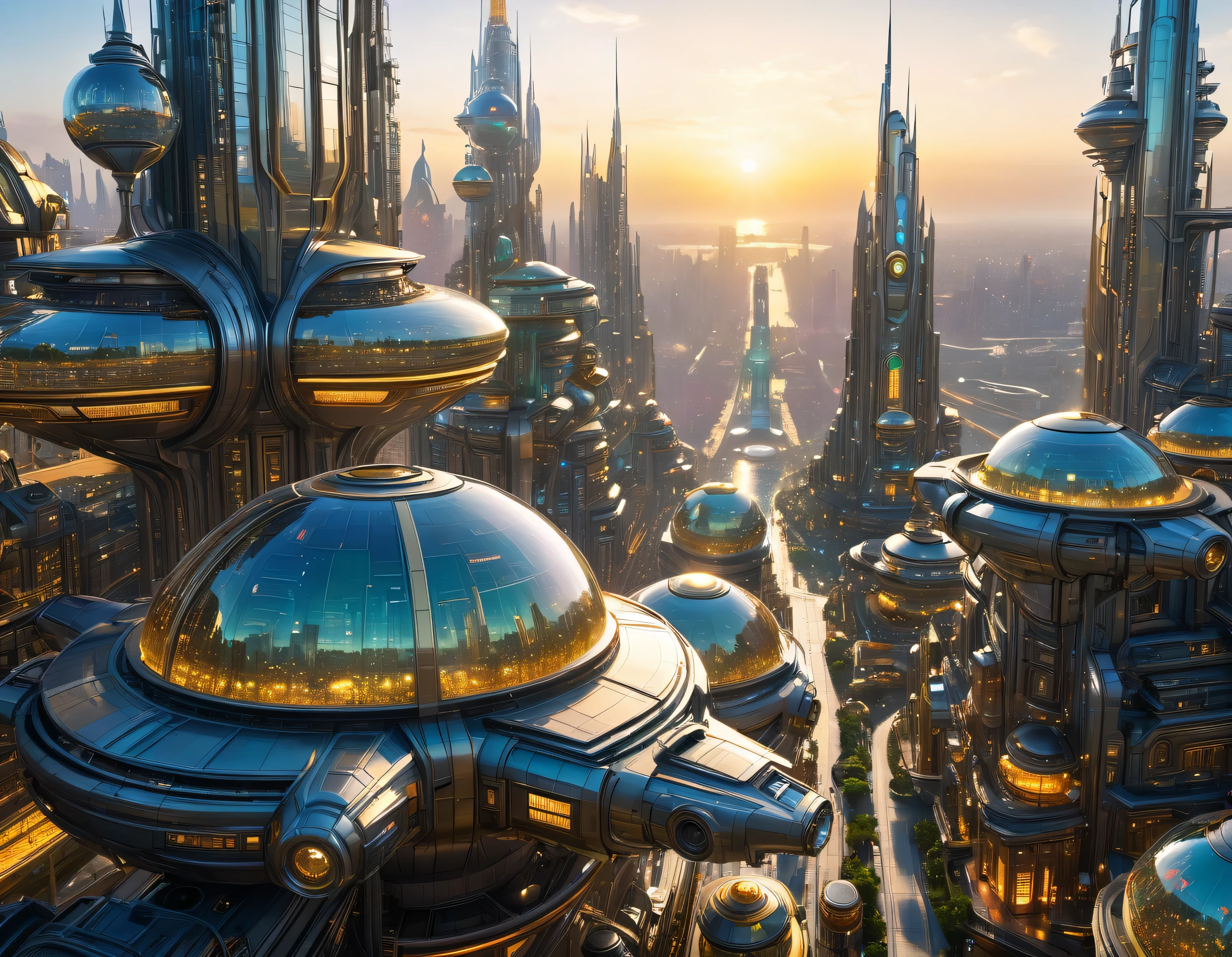 (golden hour lighting), megacity, megalopolis of an imaginary world of science fiction , parecido a una disneylandia futurista, and maximum fantasy, con inmensos edificios y rascacielos ovalados y dodecaedricos agrupados de metal y cristal donde predomina la plata y los anuncios luminosos de colores. imagen bien definida 8k, (intrincados detalles de la maquina), con muchos edificios juntos.(obra maestra de superior calidad).(imagen fotorrealista), nitidez absoluta hasta el fondo