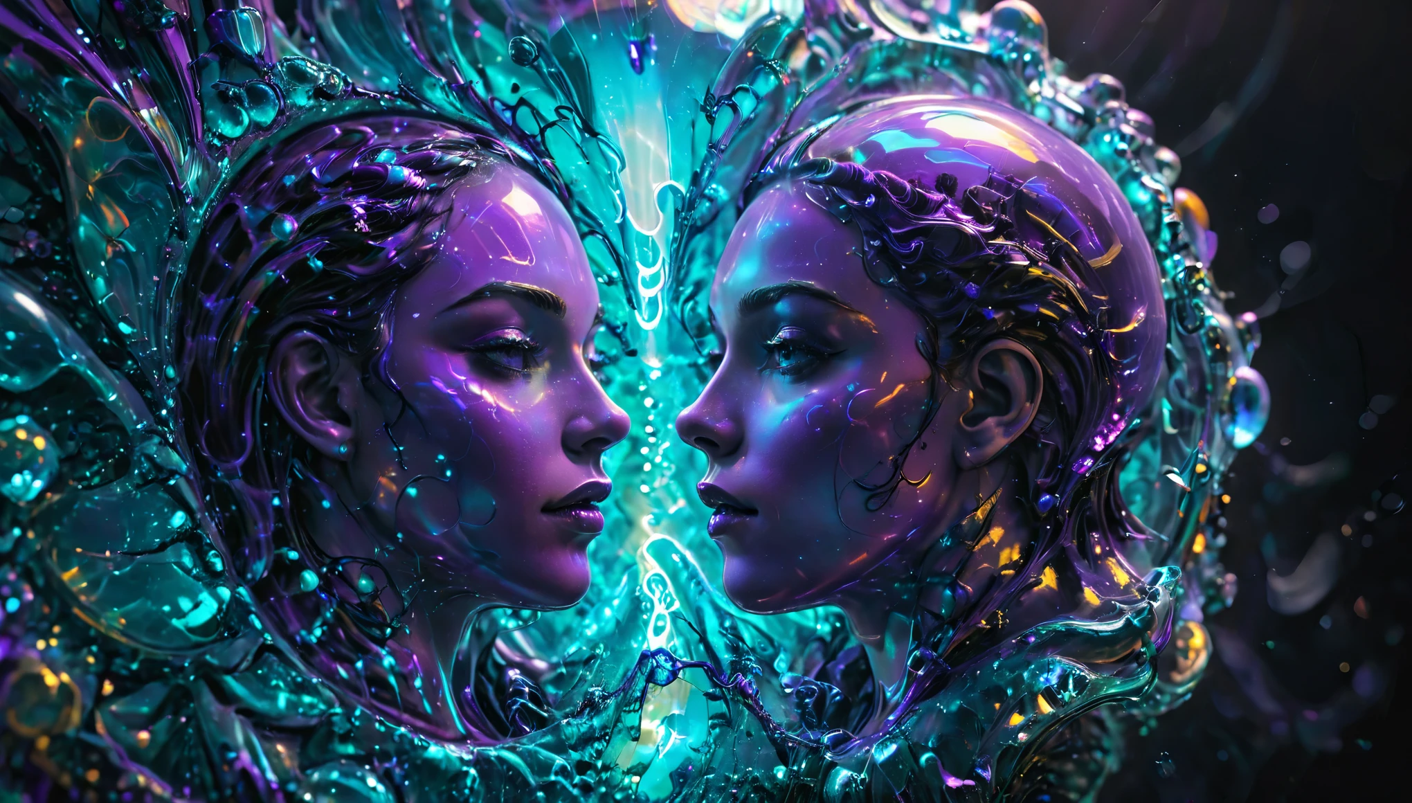 Ultra-detailed illustration. Zodiac sign Gemini in bright purple and bright turquoise, with a translucent look, with the zodiac circle in the background. with neon lights, light particles, in vibrant CMYK colors. The zodiac sign is backlit, creating a strong contrast against the zodiac circle, reflective surface，shimmering reflections, bioluminescent crystal coated glowing surface，sunlight reflectionysterious atmosphere，ethereal beauty，Dazzling light effects，Unreal scenery，seemingly endless intricate corridors，charming radial patterns，glowing color，translucent glas in bending，nonrealistic，otherworldly，wavy twist，Meticulous attention to detail，majestic，Luxurious feeling，maze of hallucinations，Hidden secretysterious perspective，mysterious adventure，multiple reflectionagical realm，rustling wind，Vibrant shades，of composition，Meandering，An unpredictable journey，enchanting atmosphere,(amazing depth,hyper-articulated,hyperrealistic,photorealistic,hyperdetailed,award winning coherent masterpiece,Best Quality,Top Quality,Max Quality,Extra Quality,Upscaled,Enhanced,UHD 16k 8k Ultra HD,Absurdres,HDR,Unreal Engine 5 Render,ultraphotorealistic ARRI ALEXA 65 shot,Prime Lens,Circular Polarizer,Split Diopter,Ultra Sharp Studio Focus,Crystal Clear Infinity Focus,Sharpened Focus Stacking,DSLR,RAW,Layered Detailing,Displacement Mapping,Path Tracing Ambient Occlusion,Photon Mapping,V-Ray,Lumen Global Illumination,Ray Tracing Dance of Rays of Light and Rich Shadows and UHQ Reflections,Subsurface Scattering,Ultra High Lumen Scene Detail with Detail Tracing,Best Hypermaximalist Detailing,Top Intricate Details,Max Complex Detailing,Lush Extra Detailing,Fine Egypician Details,Ultra Intricate,Tone Mapped,Best Surface Texture Finish,Best Shader Quality,Defined Edges with Anti-Aliasing,DLAA,DLSS,Immaculate and Perfect Composition,Magnificent Visual Perfection,Rule of Thirds,Golden Ratio Color Theory,Postprocessing,Postproduction,CG,VFX,SFX,Vibrant complimentary CMYK colors,Diffraction Grading)